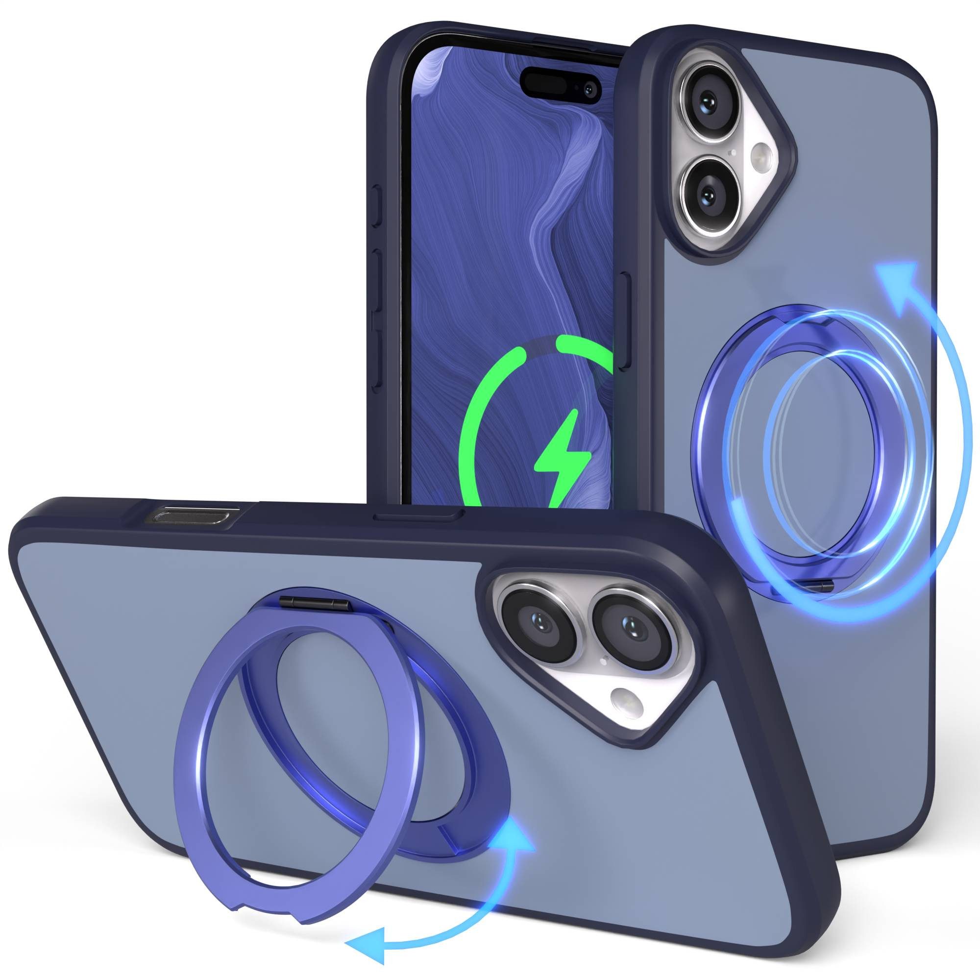 EAZY CASE Handyhülle Outdoor Apple iPhone 16 Plus Case MagSafe Rotation Ring 6,7 Zoll, Outdoor Handy Hülle mit Rotation Ring Stoßfest aufstellbar Dunkelblau