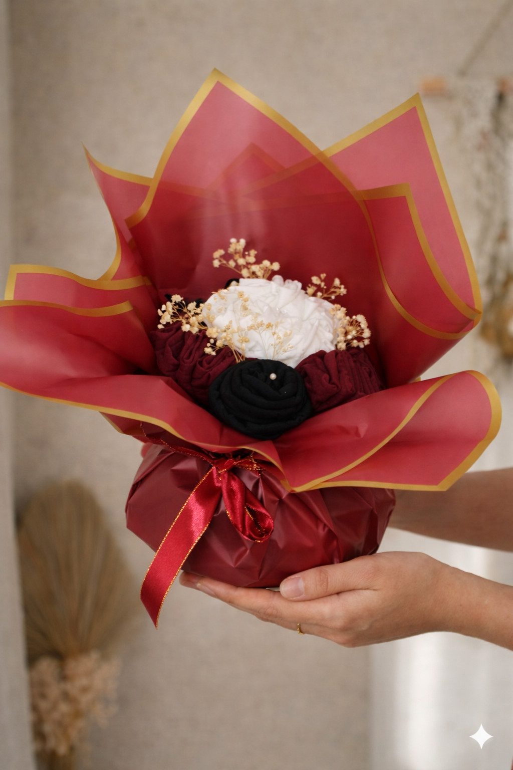 Aymasal Hijab Hijab Bouquet Strauss - Geschenkstrauß persönliches Geschenk Islam (Mehrteiliges Set, 3 Jersey Hijabs, 4 Hijab Nadeln, Bouquet Geschenkverpackung) Hijab Geschenkstrauß Jersey Kopftuch Set 3 Tücher Geschenkidee für Eid