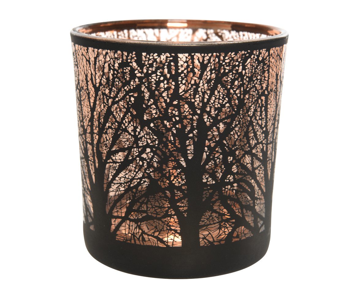 Kaemingk Teelichthalter, Windlicht Glas mit Baum Motiv 8cm, schwarz