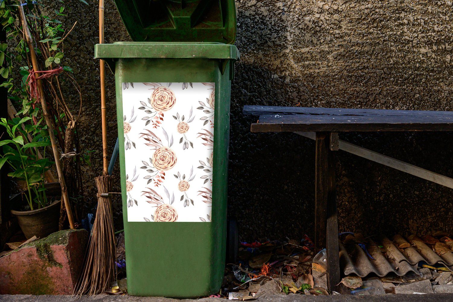 MuchoWow Wandsticker Rosen - Blumen Sticker, (1 St), - - Mülleimer-aufkleber, Mülltonne, Container, Abfalbehälter Weiß Blätter