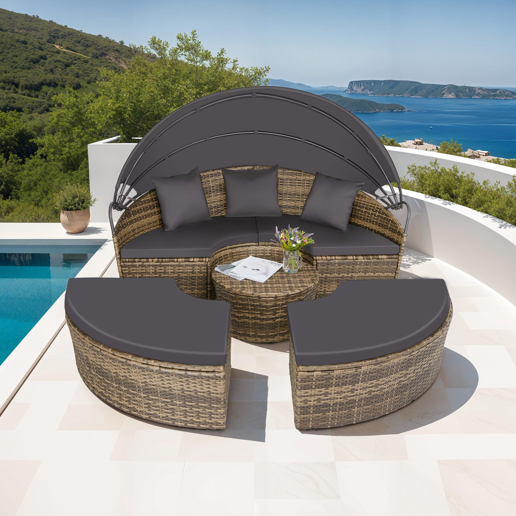 tectake Loungeset Rattan Sonneninsel Santorin - UV-beständig und widerstandsfähig, (Gartenlounge-set Santorin, 5-tlg., geeignet für Outdoor in Natur), klappbares Sonnendach & höhenverstellbare Füße