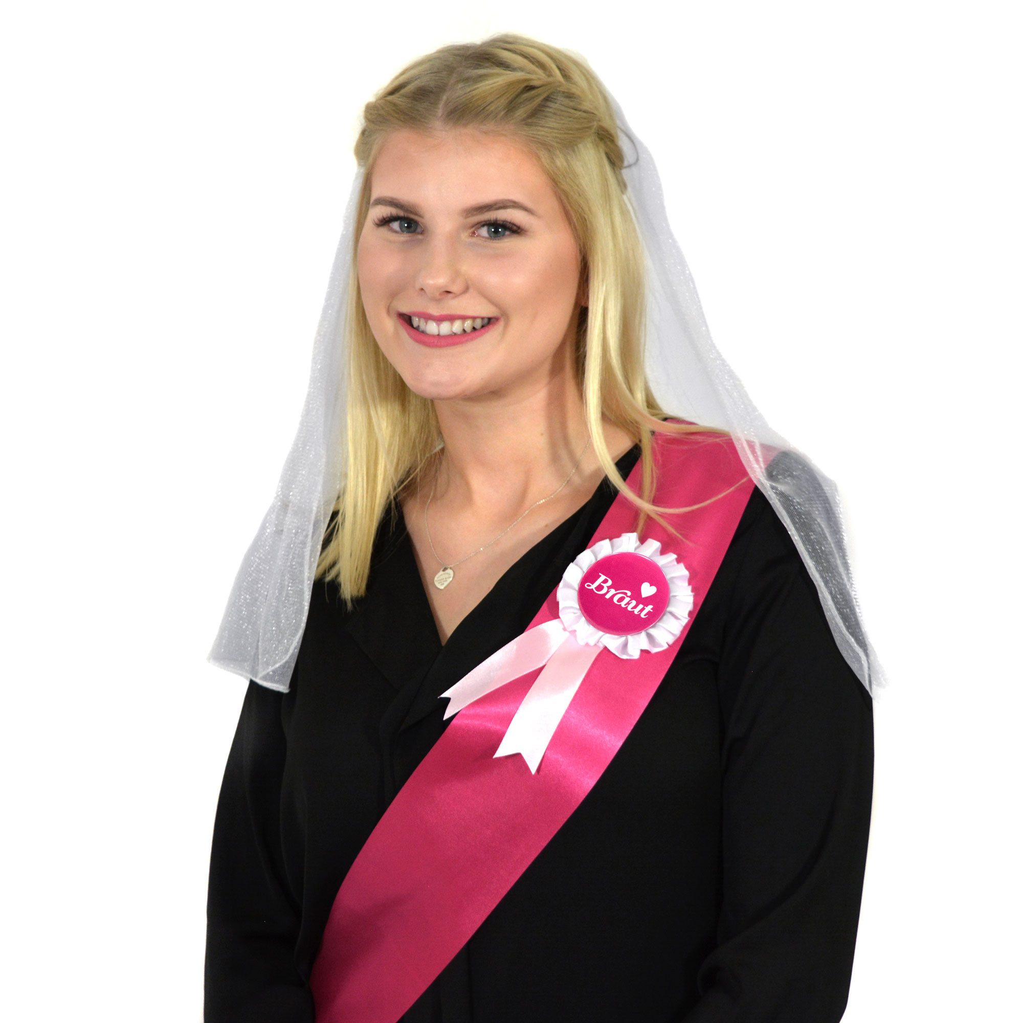 Frau WUNDERVoll Papierdekoration JGA Brautset Premium pink, Schleier+Schärpe+Brautorden