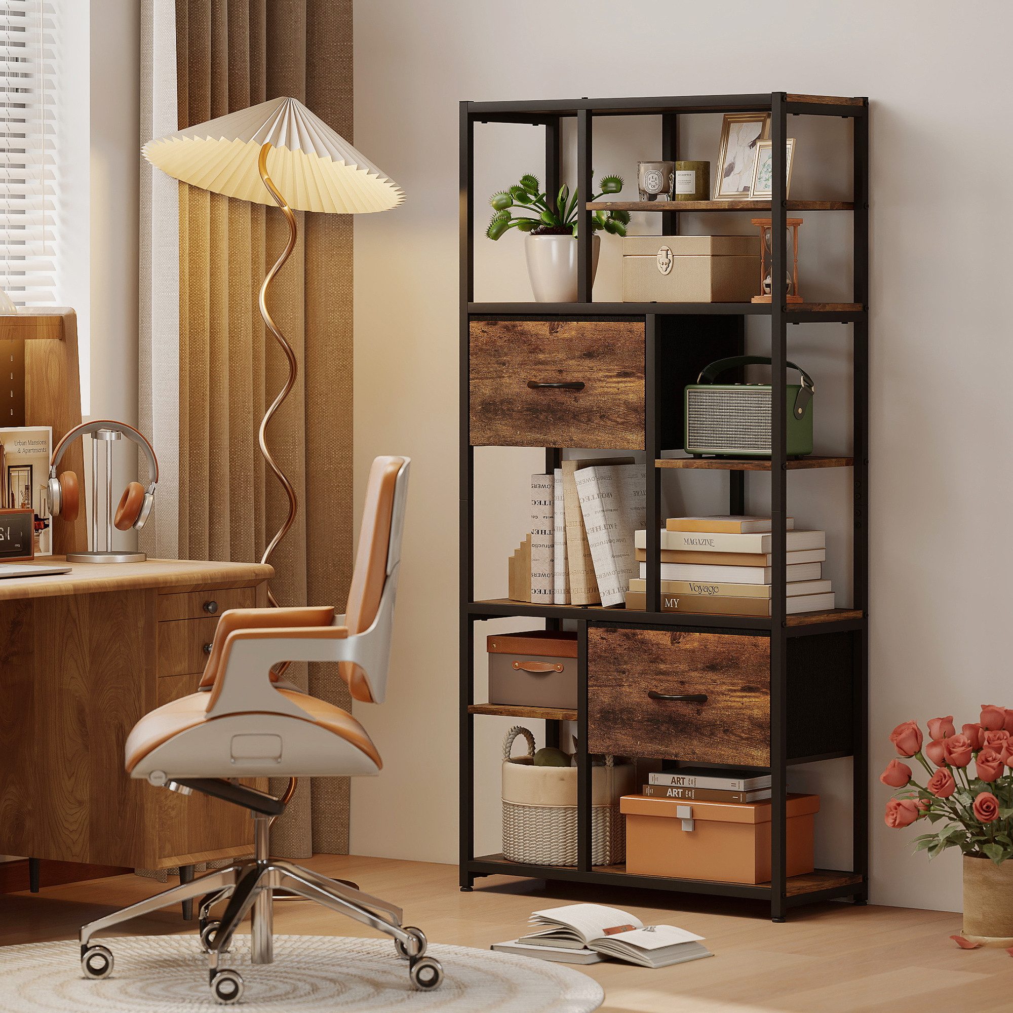 HOMCOM Standregal Bücherregal mit 2 Stoffschubladen, 9 offenen Fächern, Aufbewahrungsregal 1-tlg., für Büro, Wohnzimmer, Schlafzimmer, 72,5x30x150 cm, Rustikal-Braun