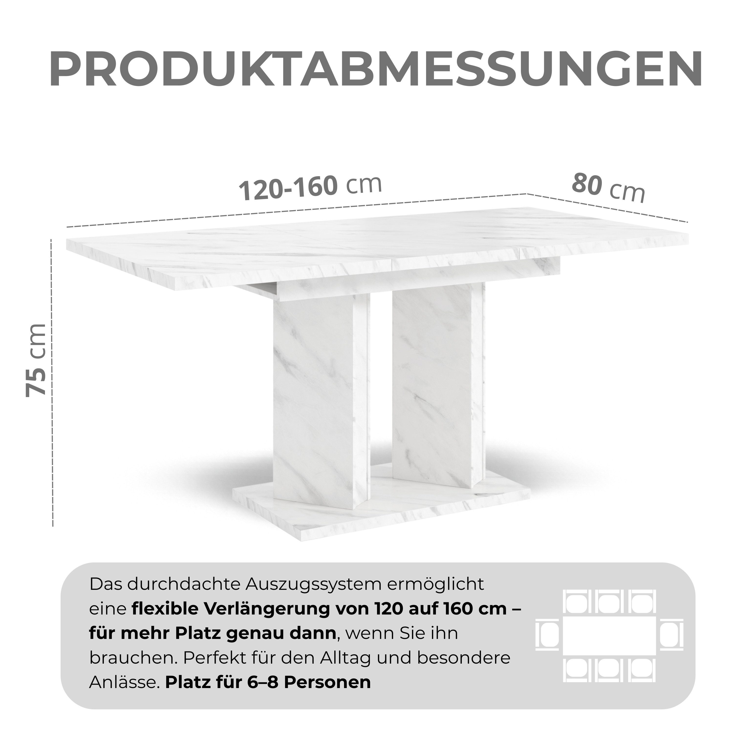 Home Collective Esstisch ausziehbar Tisch Küchentisch Esszimmertisch Ausziehtisch (Esszimmer Küche Wohnzimmer Esstisch erweiterbar), modernes Design Doppel-Säulengestell 120-160x80 cm Weiß Marmor-Optik