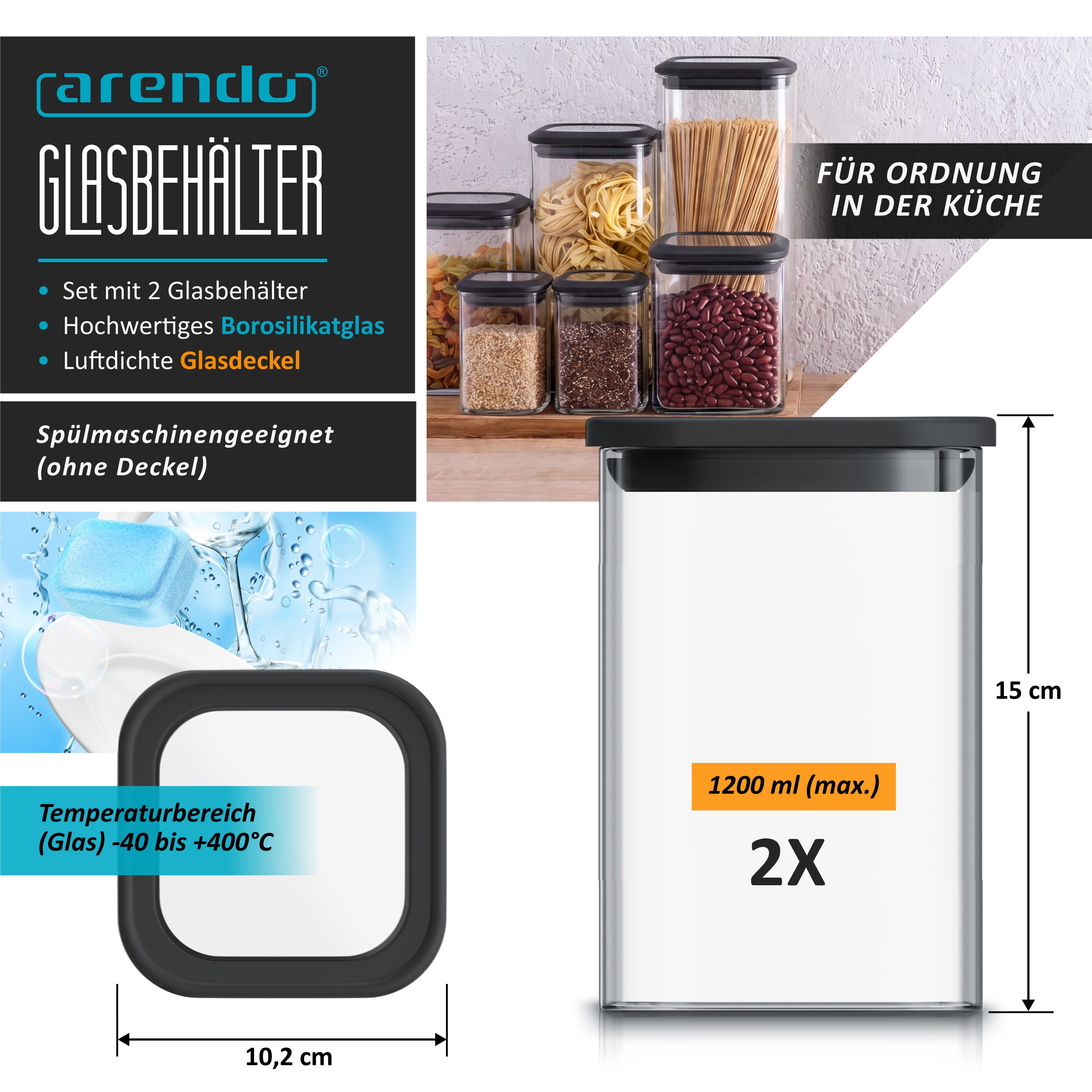 Arendo Vorratsglas eckig mit Glasdeckel und Silikondichtung, luftdicht, Borosilikatglas, (Packung, 2-tlg., 2 x 1200 ml), Glas gefrier-, mikrowellen- & spülmasch – Bild 2 von 5