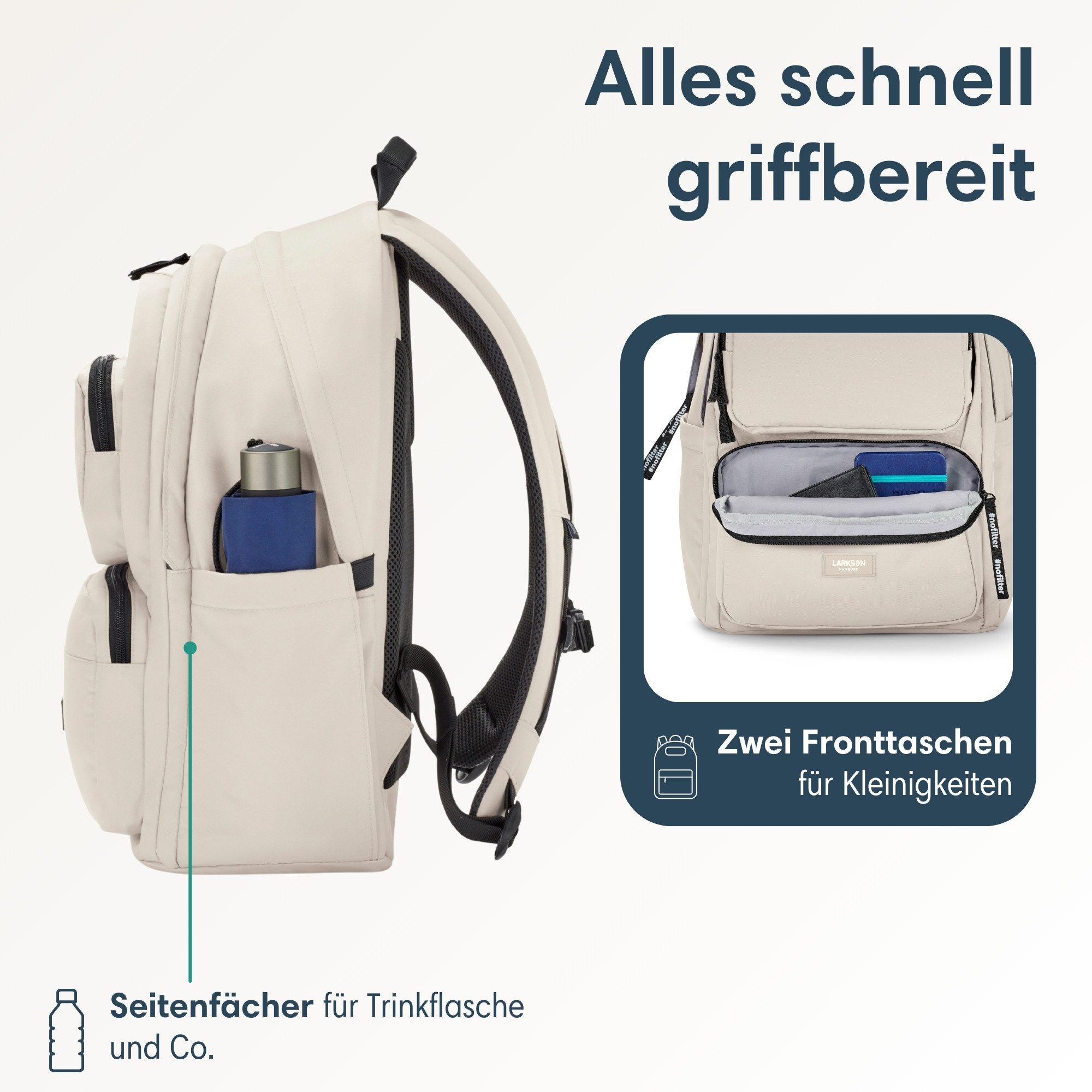 LARKSON Schulrucksack No 3 Advanced Rucksack für Schule, Mädchen Jungen (1-tlg), 3 Hauptfächer, Seitentasche, Laptopfach, Wasserabweisend
