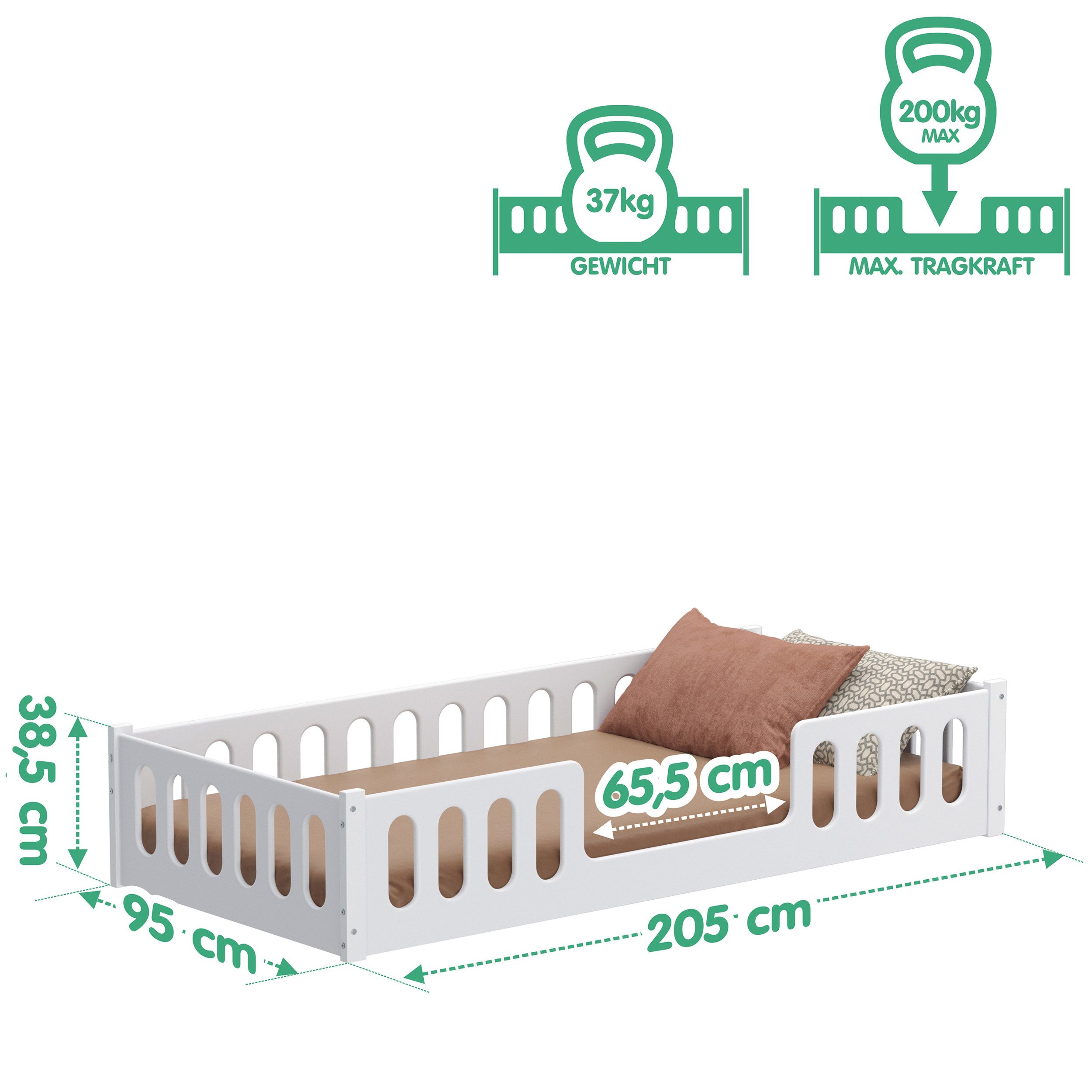 CADANI Kinderbett MONTE Bodenbett mit abnehmbaren Rausfallschutz - bis 200 kg belastbar (90x200 cm 2in1 Bodenbett, inkl. Roll-Lattenrost & Zusatz-Seitenteil), 2 – Bild 4 von 5