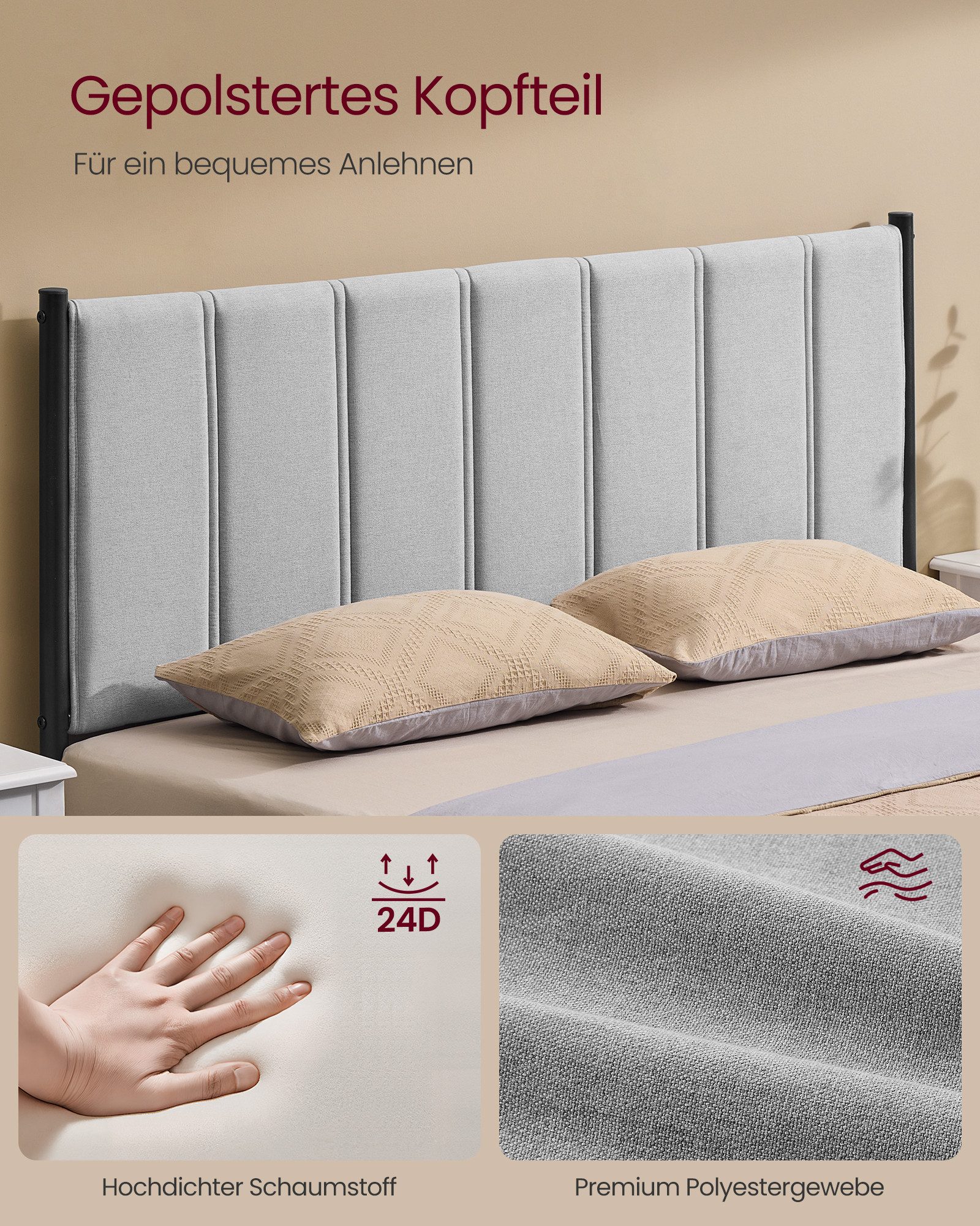 VASAGLE Polsterbett (140 x 200 cm, geräuschlos), mit gepolstertem Kopfteil, hochtragfähig, mehrere Größen verfügbar