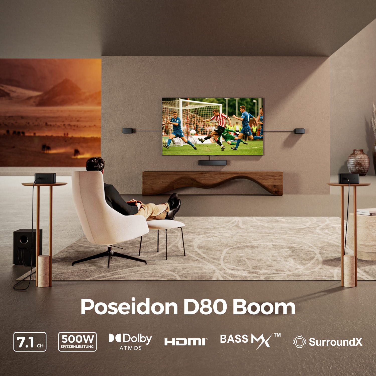 Ultimea Poseidon D80 Boom Soundbar 7.1 Surround Sound System (4 kabelgebundene Surround-Lautsprecher) (Bluetooth, HDMI, 500 W, 6.5'' Wireless Subwoofer, Dolby Atmos für TV)