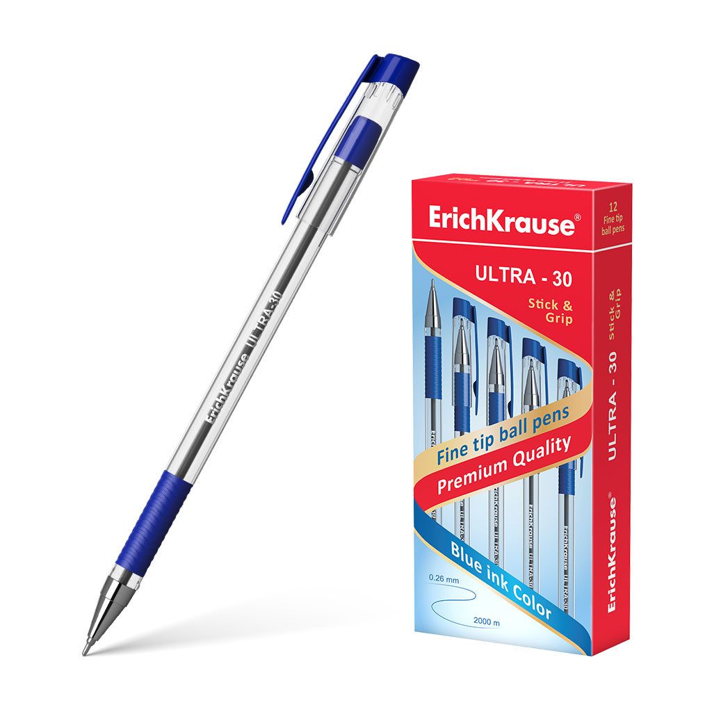 Erich Krause Kugelschreiber, Kugelschreiber Ultra-30 0,26mm mit Gummigriff 12er Pack Blau