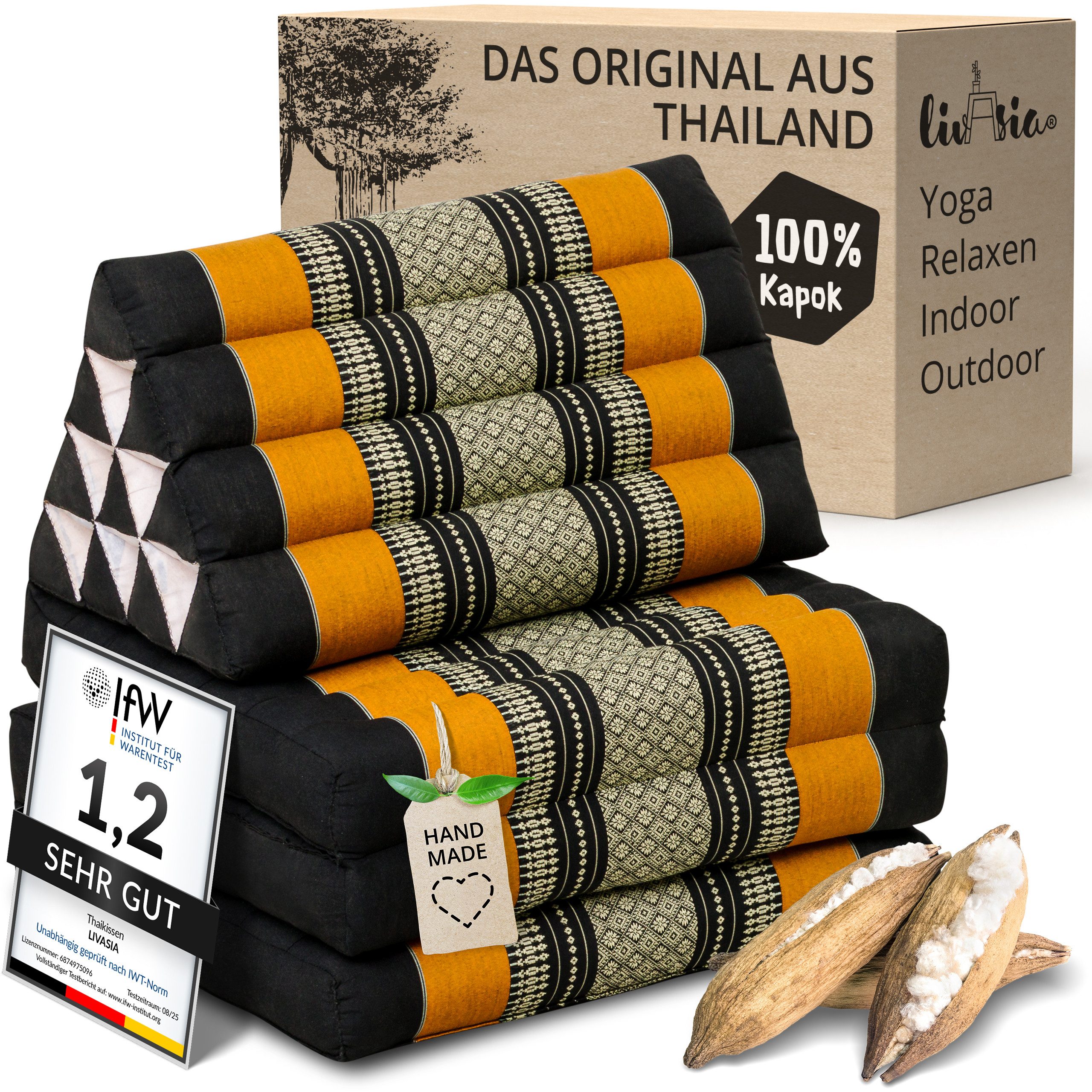 livasia Sitzsack Thaikissen 3 Auflagen (Classic) vegan und handgefertigt, 175x50x8cm, Kapok