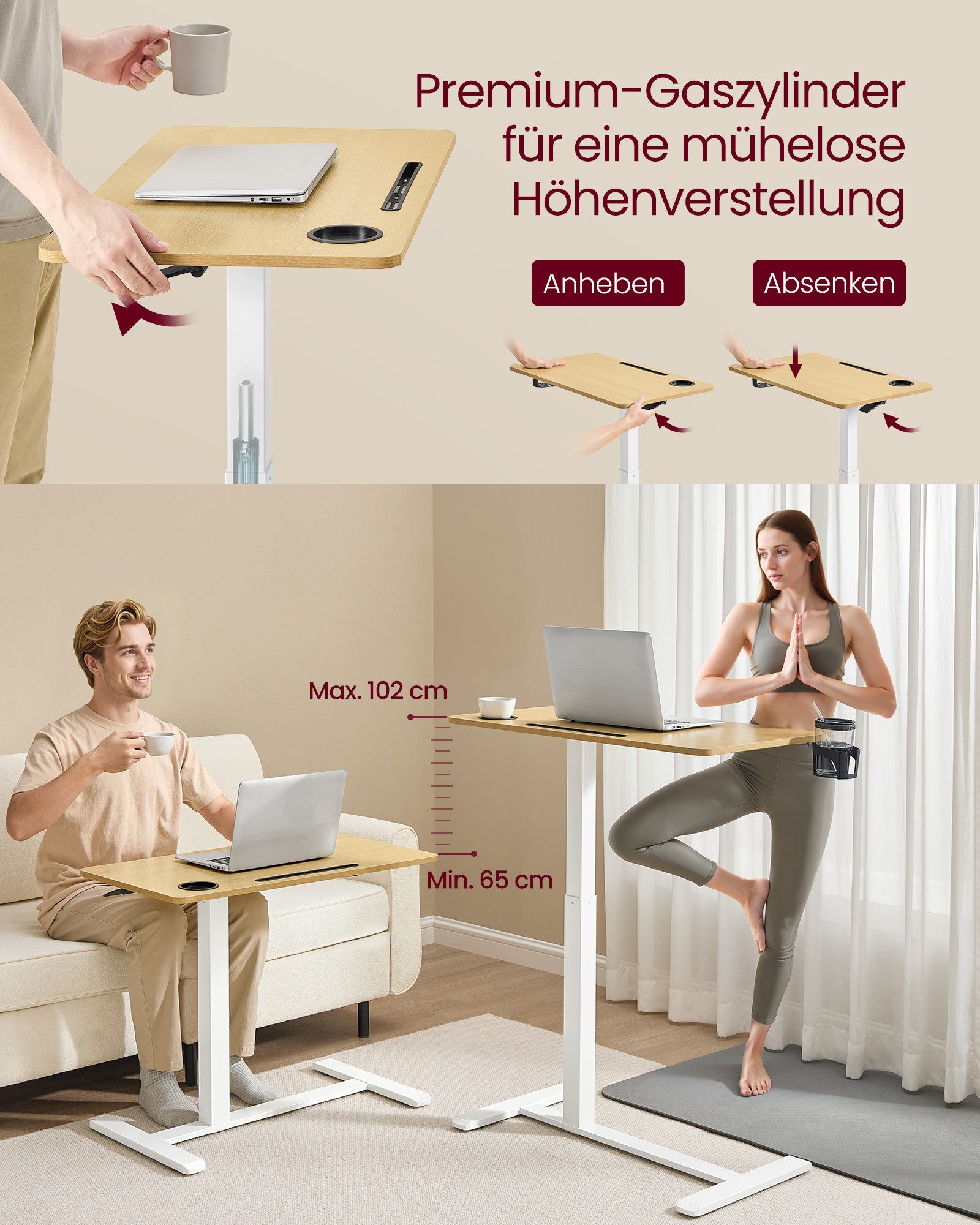 VASAGLE Schreibtisch Beistelltisch mit Rollen, mobiler Stehtisch, verstellbare Höhe, 2 Getränkehalter, Schlitz