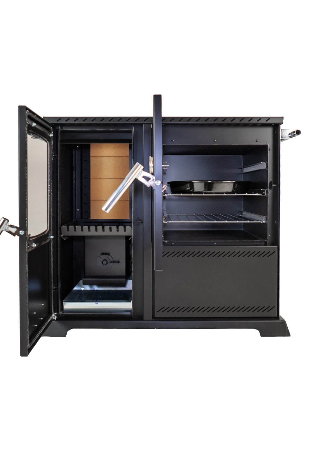 Baba's Hybrid Pellet and Wood Combination Stove with Oven and Cooktop, 10 kW, Continuous Burning Stove, Pellet Stove without Electricity, Wood Stove, Fireplace