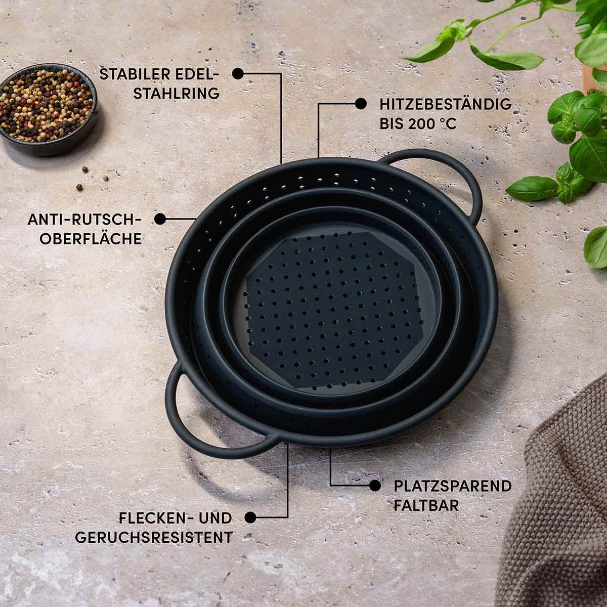 Hoffmann Germany Küchensieb Faltsieb Silikon Edelstahlring 23 cm anthrazit – platzsparend, Silikon, (1-St), 200°C, spülmaschinenfest, faltbar, Nudeln & Gemüse – Bild 5 von 5
