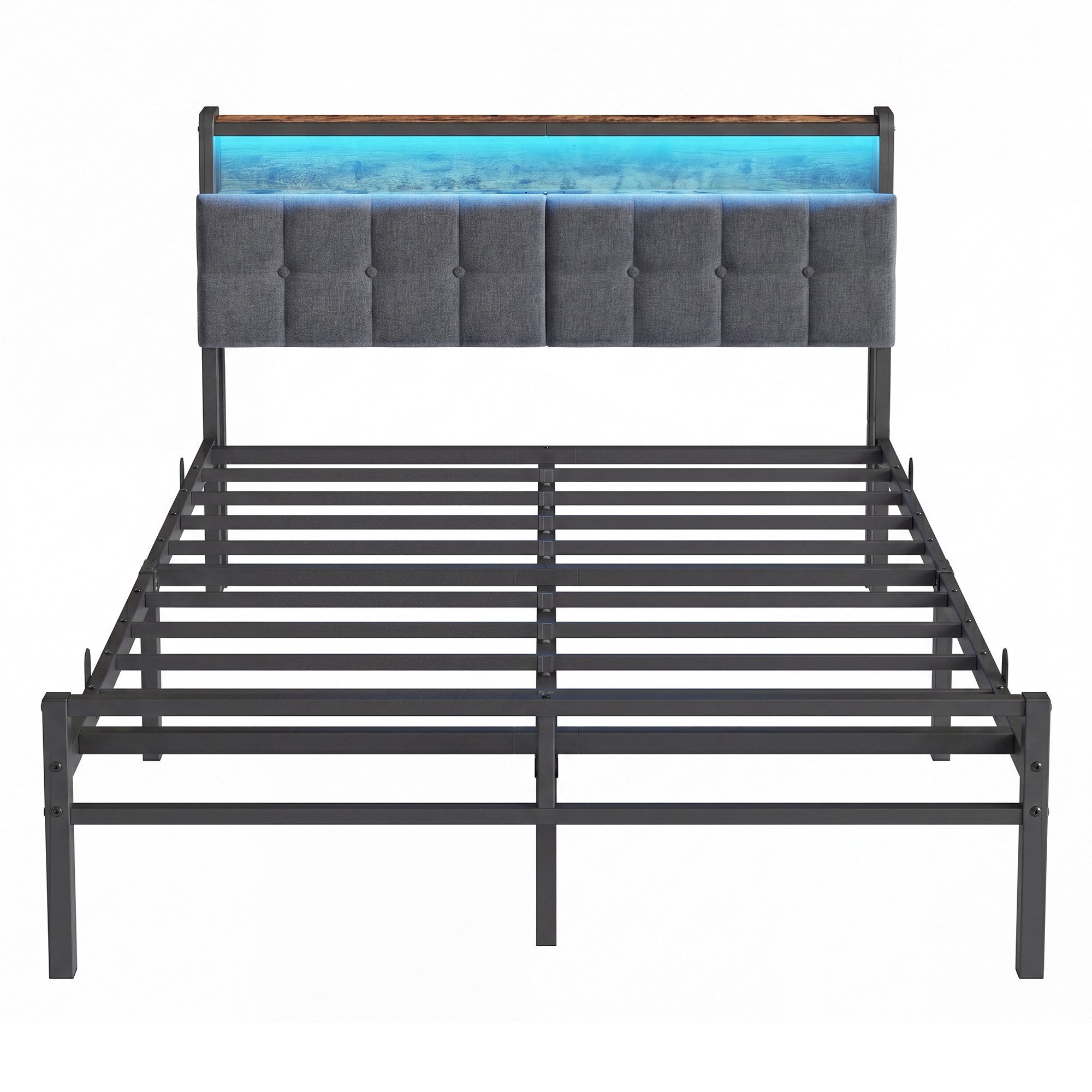 VASAGLE Bettgestell mit Kopfteil, Bett mit Stauraum und LED Beleuchtung, Steckdosen, Metallbett, 140 x 200 cm, Mattes Schwarz, für Schlafzimmer