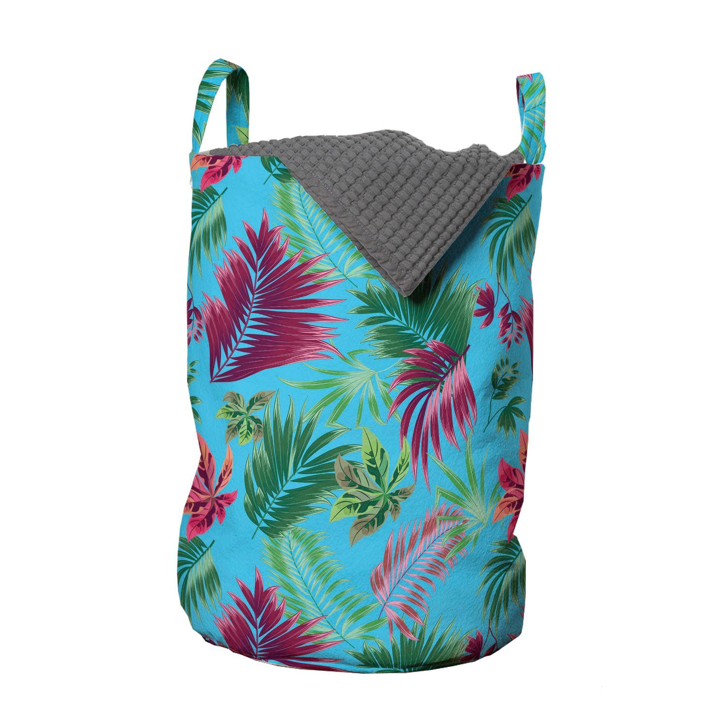 Abakuhaus Wäschesäckchen Wäschekorb mit Griffen Kordelzugverschluss für Waschsalons, Sommer Tropisches Laub auf Blau