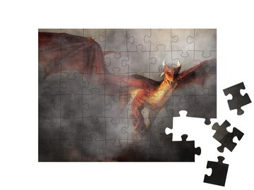 puzzleYOU Puzzle Ein roter Drache taucht aus Nebel und Rauch auf, 48 Puzzleteile, puzzleYOU-Kollektionen Drache, Tiere aus Fantasy & Urzeit