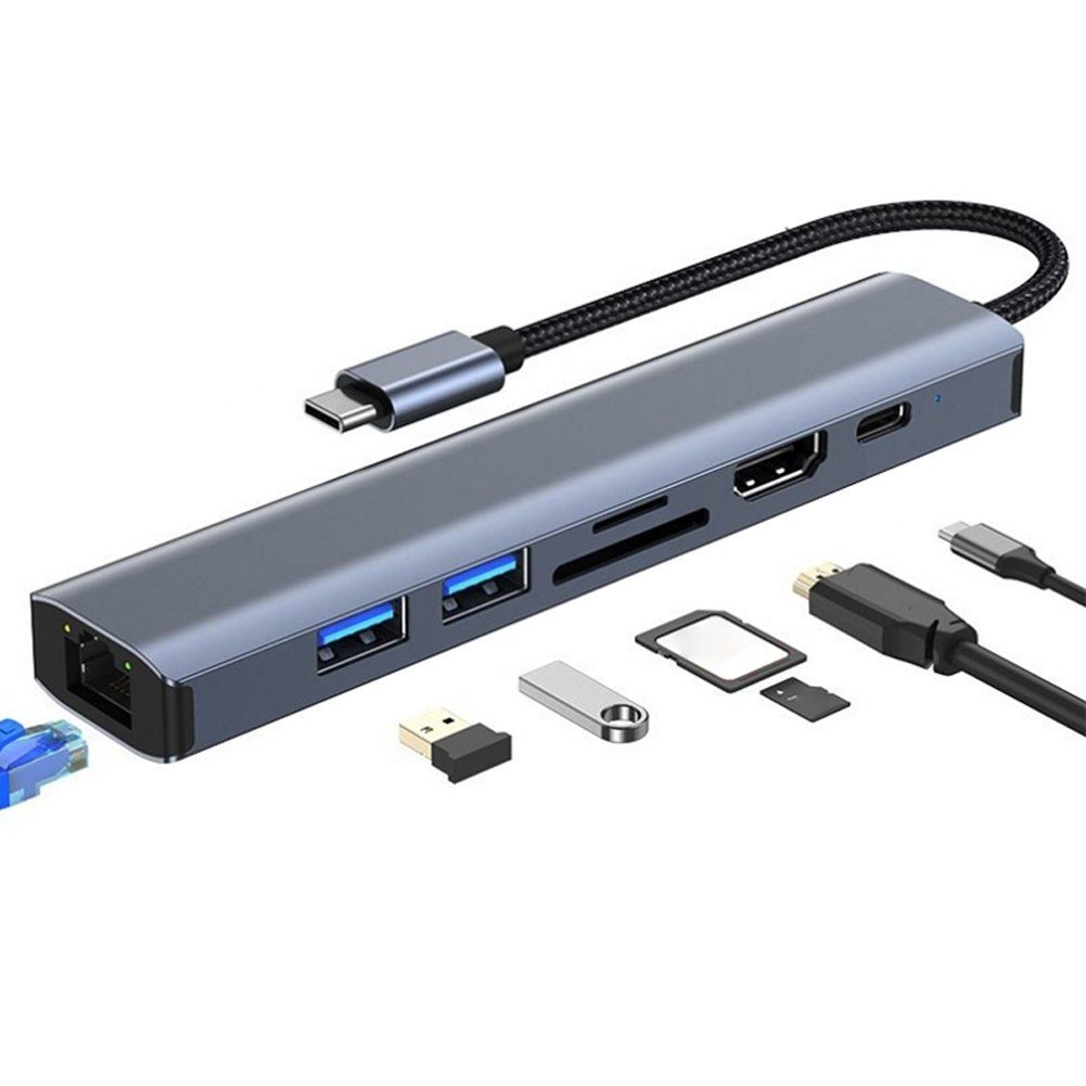 Bolwins Q18C 7in1 Adapter USB-C zu Hub USB 3.0, USB-C PD, HDMI SD microSD RJ45 Computer-Adapter USB-C Stecker zu HDMI Buchse, USB-A Buchse, USB-C Buchse, RJ45 Buchse, SD Kartenleser, microSD Kartenleser, 10 cm, 4K HDMI, 1000M LAN, Power Delivery bis 100W, USB 3.1 Gen2 10 Gbit/s