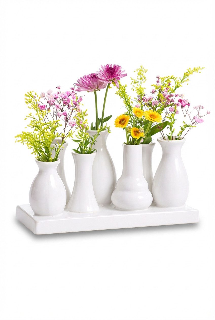 WestCraft Dekovase Handgefertigte kleine Keramik Deko Blumenvasen Set aus 7 Vasen in weiß (1 St), dekorative Keramikvasen auf festem Sockel, hübsche
