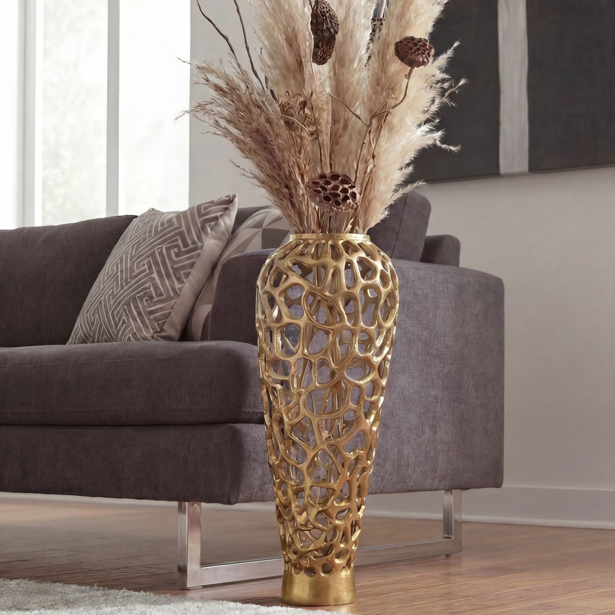 FINEBUY Bodenvase FB77212 Vase 85 cm Gold Standvase Blumenvase XXL Wohndeko Groß (Skulpturale Dekovase für Trockenblumen und Zweige), Große Metallvase aus glänzendem Aluminium