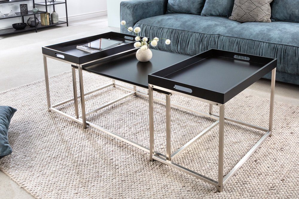 riess-ambiente Couchtisch ELEMENTS 75cm schwarz / silber (Set, 3-St), Wohnzimmer · Holzwerkstoff · Metall · abnehmbares Tablett · Modern