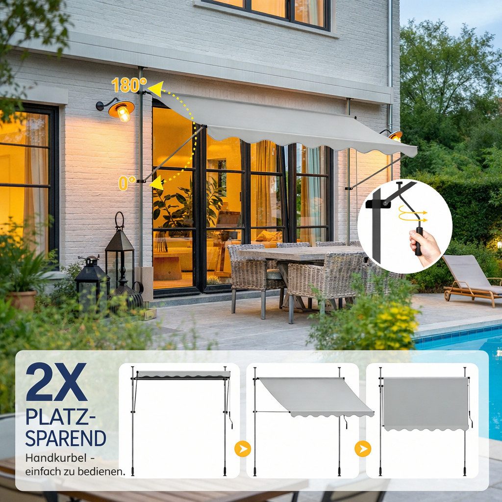 Ferghana Klemmmarkise Klemmmarkise Ohne Bohren, Balkonmarkise Höhenverstellbar (Sonnenschutz Wasserdicht UV-beständig, Sonnenmarkise für Terrasse Balkon Garten) – Bild 2 von 5