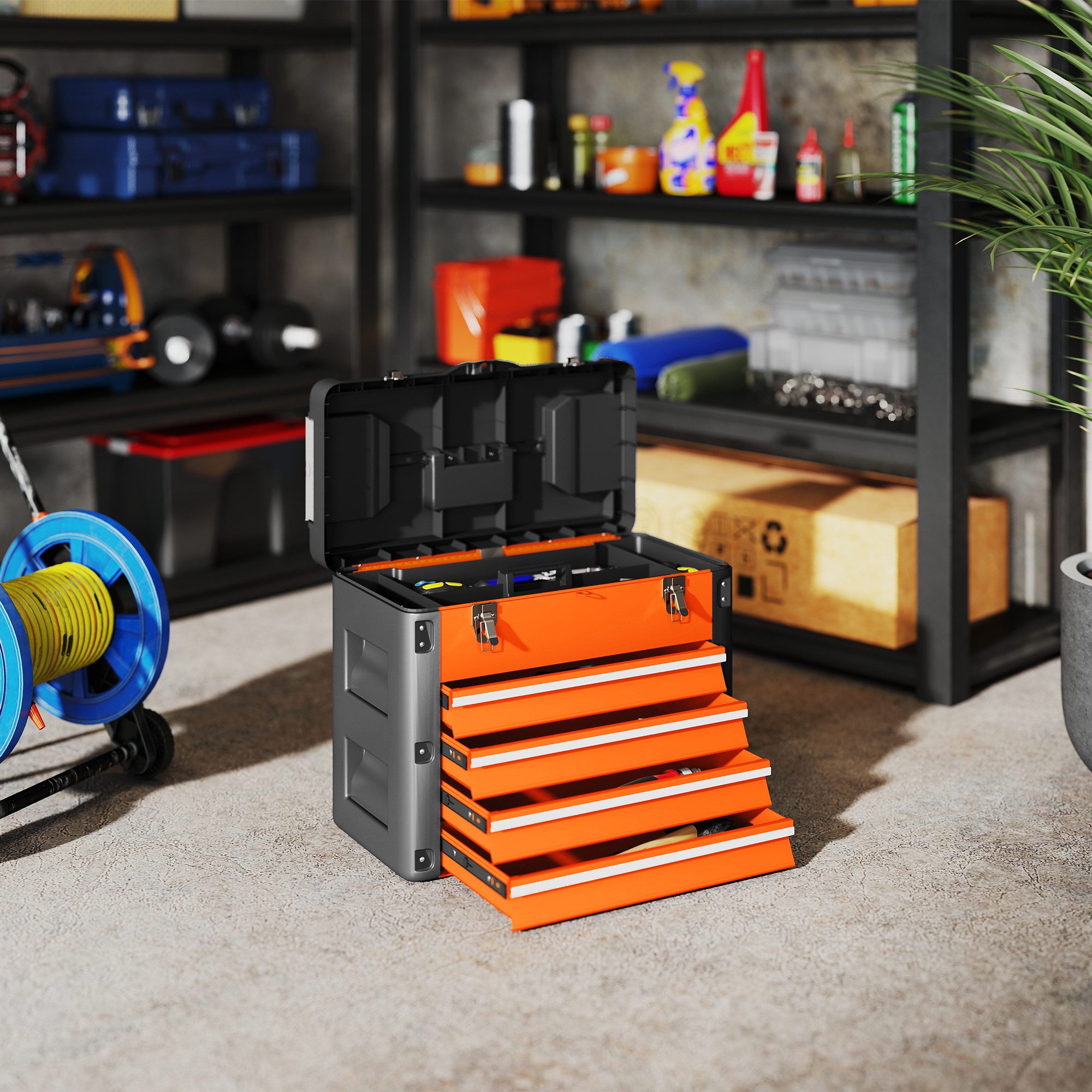 HOMCOM Инструментbox mit 4 Schubladen, Mini-Box, oberes Staufach, Handgriff (Werkzeugkasten, 1 St., leer Инструментkiste), 49,7 x 25,3 x 40,7 cm, aus Stahl, Orange