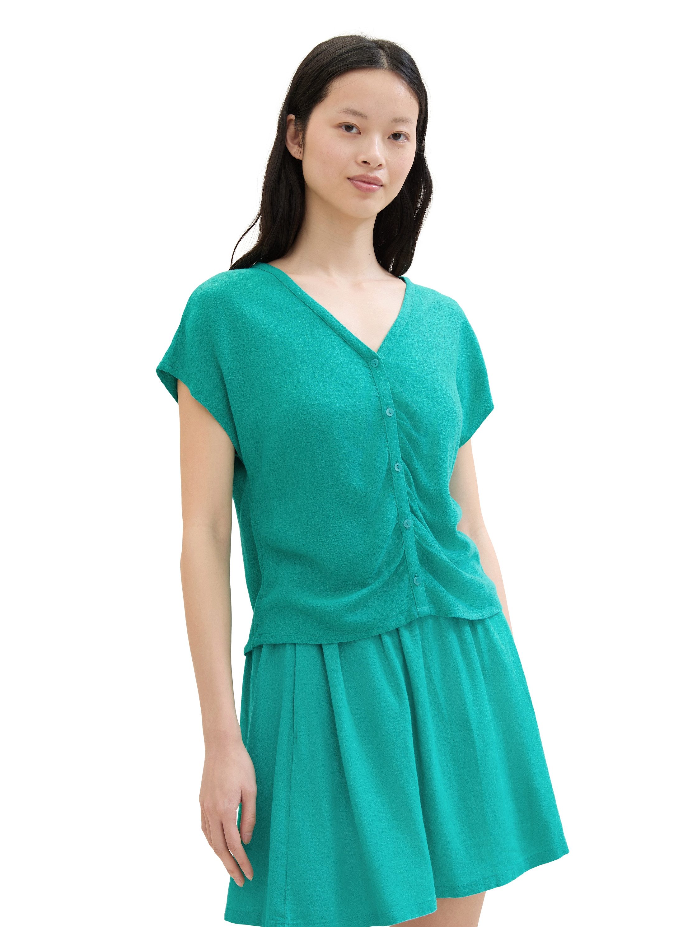 TOM TAILOR Denim Kurzarmbluse mit Knopfleiste und Raffung günstig online kaufen