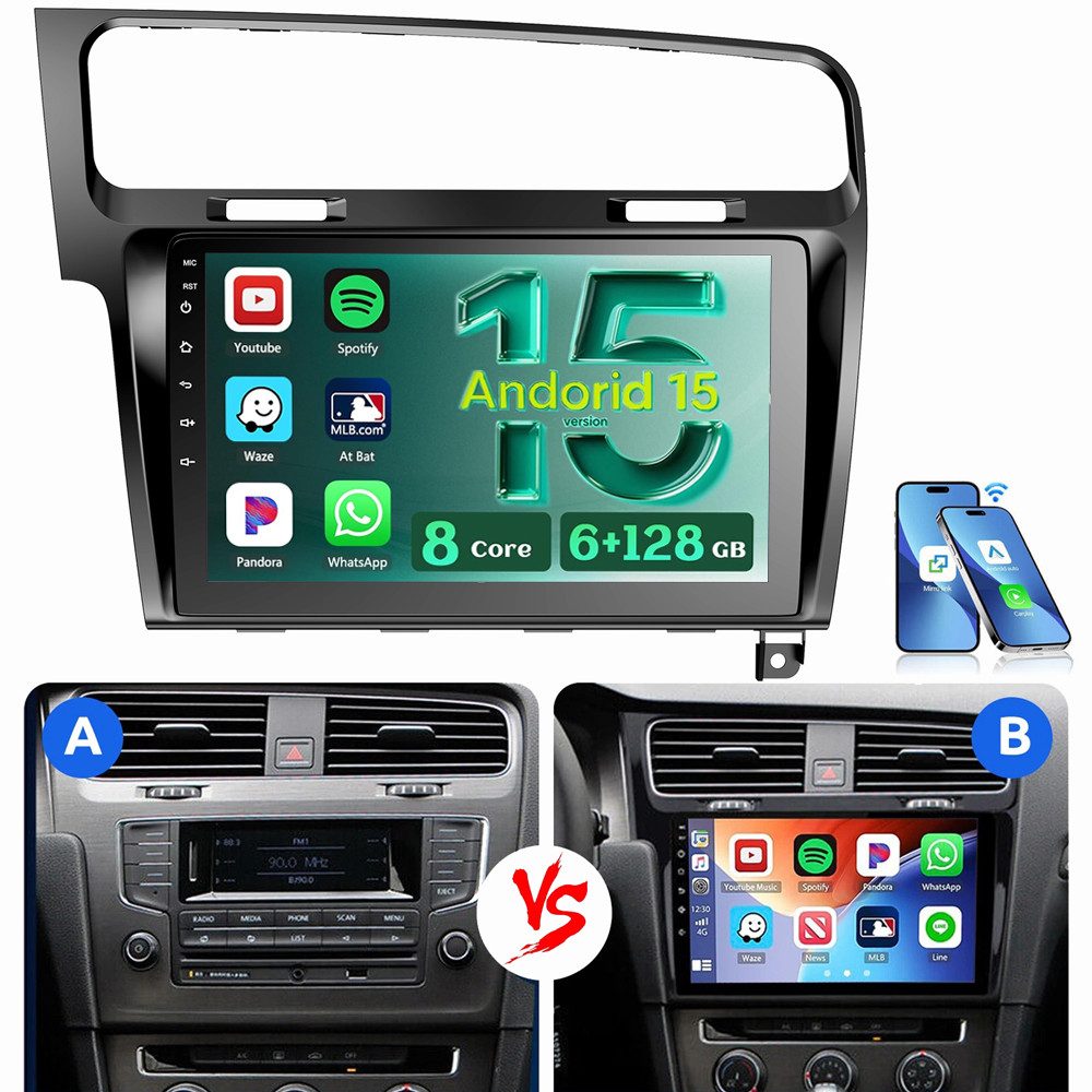 ESSGOO Für Golf 7 2013-2017 6+128GB 8-Kern NAVI Carplay QLED Autoradio (RDS, Digitalradio (DAB), FM, AM, Apple Carplay Android Auto 4G LTE ASP SWC BT GPS)
