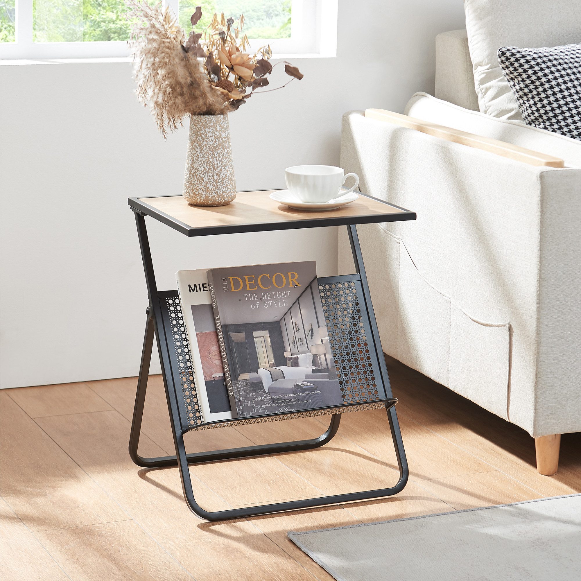 en.casa Beistelltisch, »Jäller« Metall 48 x 40 x 30 cm Schwarz / Eicheoptik, Dielentisch