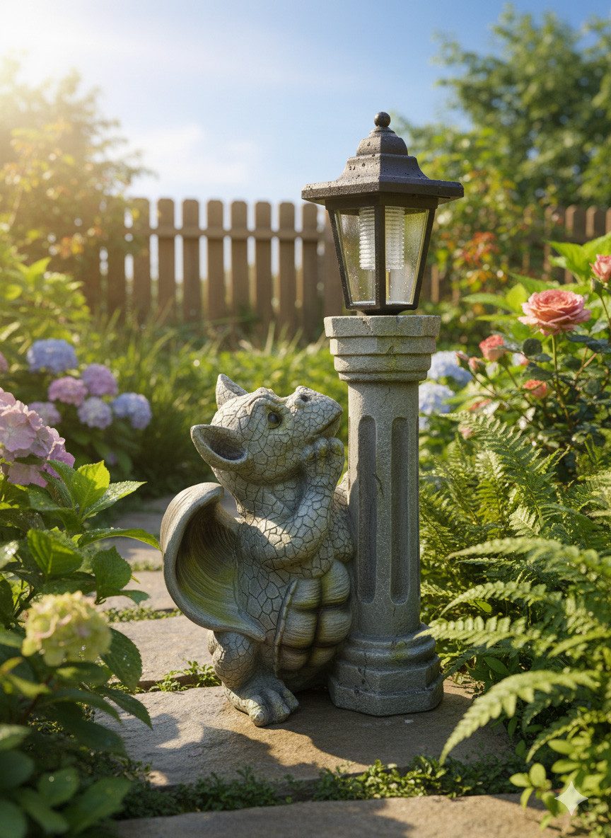 Kremers Schatzkiste Gartenfigur Drache mit LED Solarlaterne für Garten und Terrasse 45cm Figur