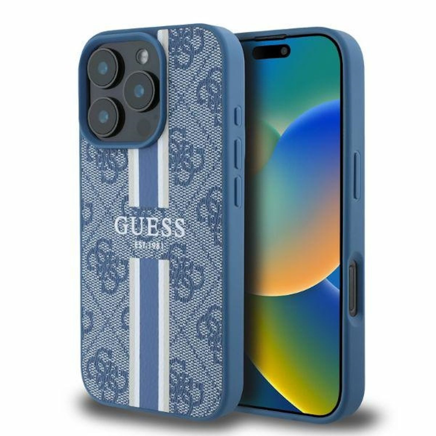 Guess Smartphone-Hülle GUESS Apple iPhone 16 Pro Max Hardcase 4G Printed Stripes MagSafe Blau
