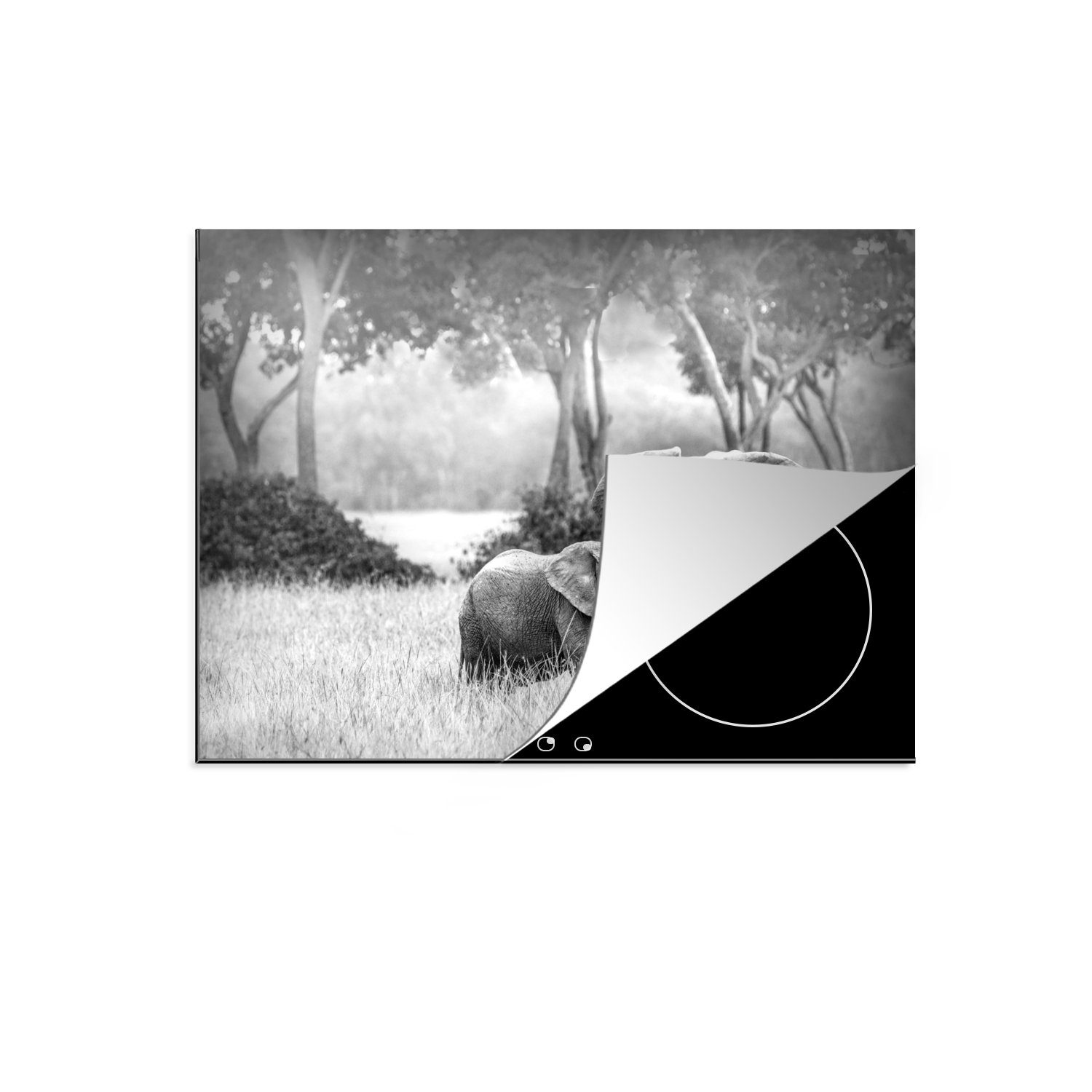 MuchoWow Herdblende-/Abdeckplatte Elefantenbaby mit seiner Mutter - schwarz und weiß, Vinyl, (1 tlg), 70x52 cm, Mobile Arbeitsfläche nutzbar, Ceranfeldabdeckung