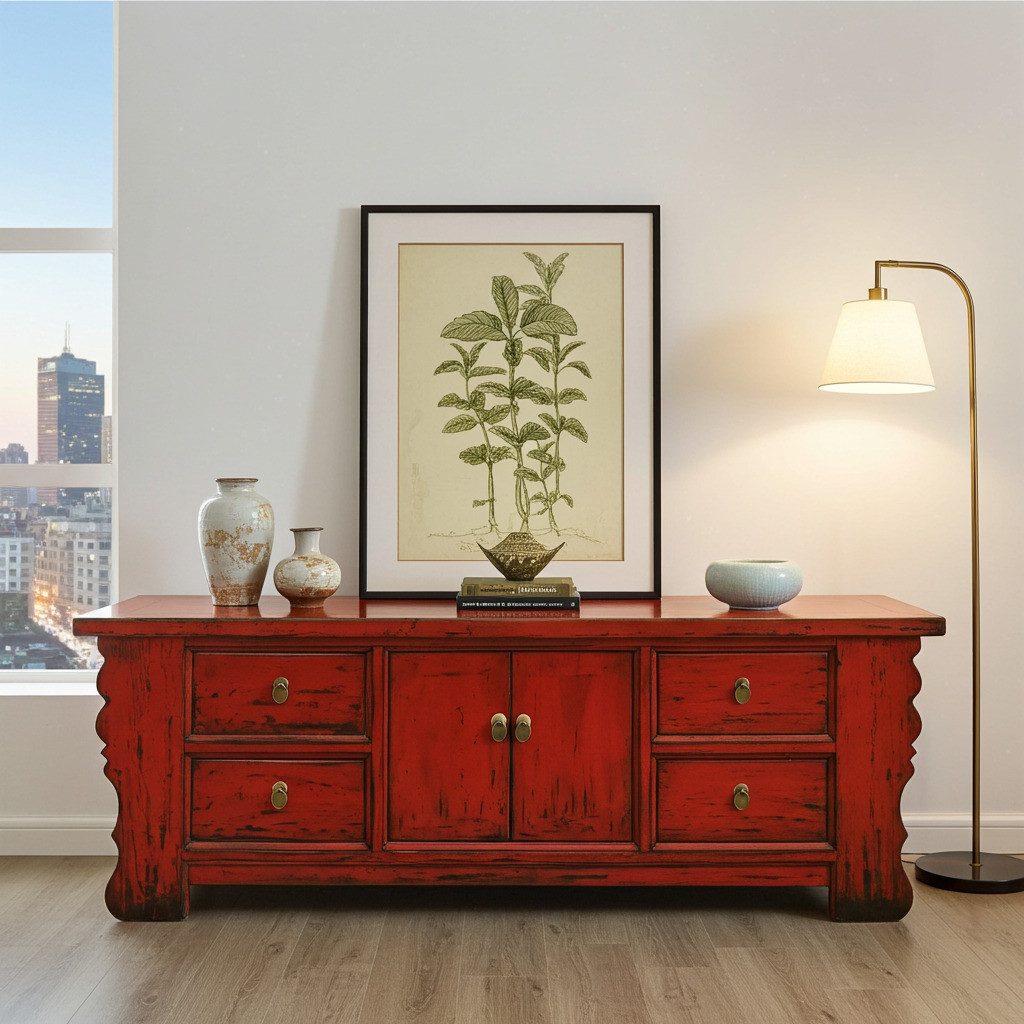 OPIUM OUTLET Lowboard Asia Schrank Möbel im Vintage-Stil (Breite x Tiefe x Höhe: 177 x 45 x 60 cm aus Holz, Wohnzimmer Schlafzimmer Diele Flur, shabby-chic Landhaus Stil, TV Schrank Sideboard Kommode Hochzeitsschrank komplett montiert), chinesisch asiatisch orientalisch fernöstlich