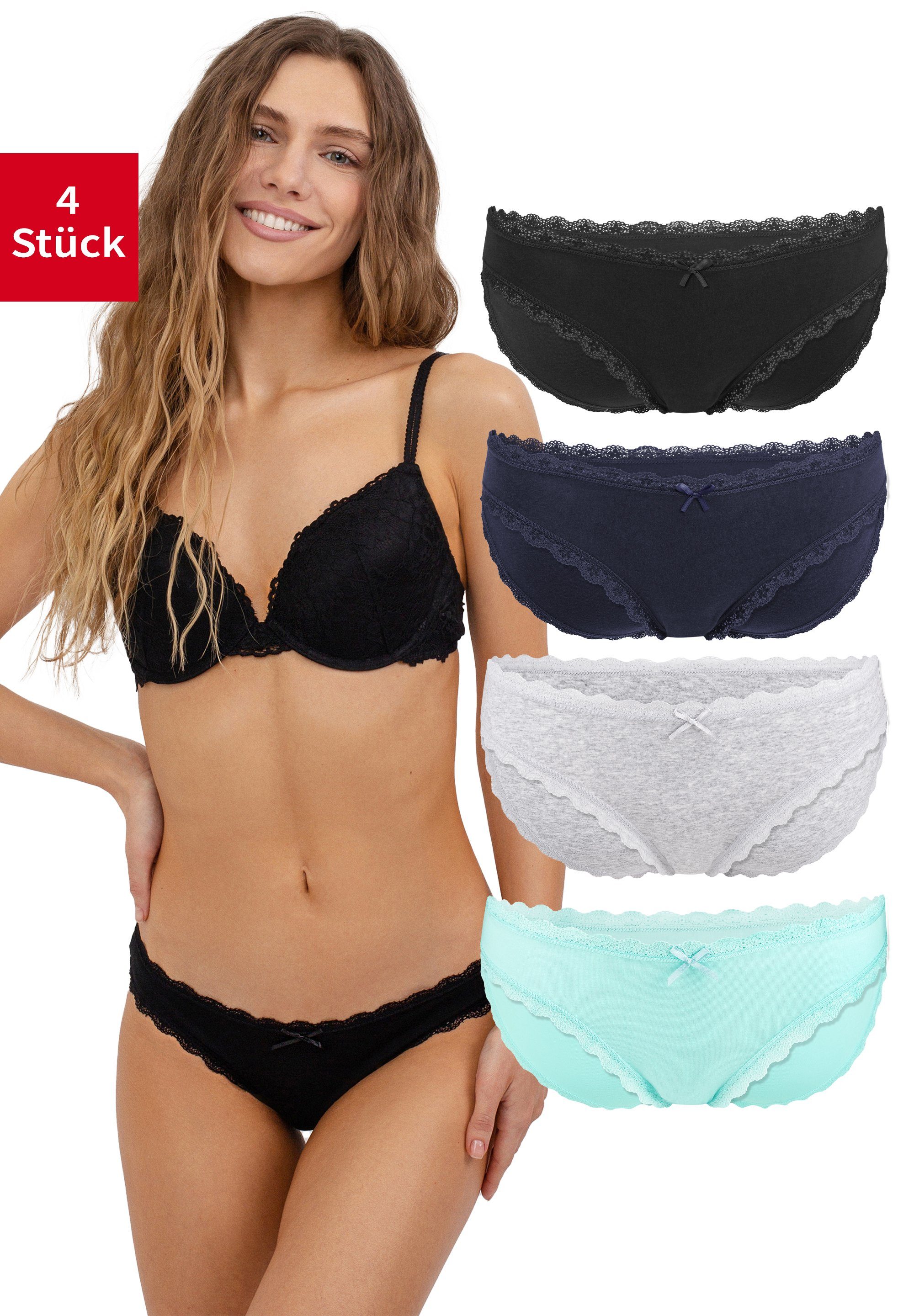 Fabio Farini Panty Damen Bikinislip - Unterhosen aus weicher Baumwolle mit Stretch-Anteil (Packung, 4-St) im Bikini-Style mit Schleifchen und dezenter Spitze