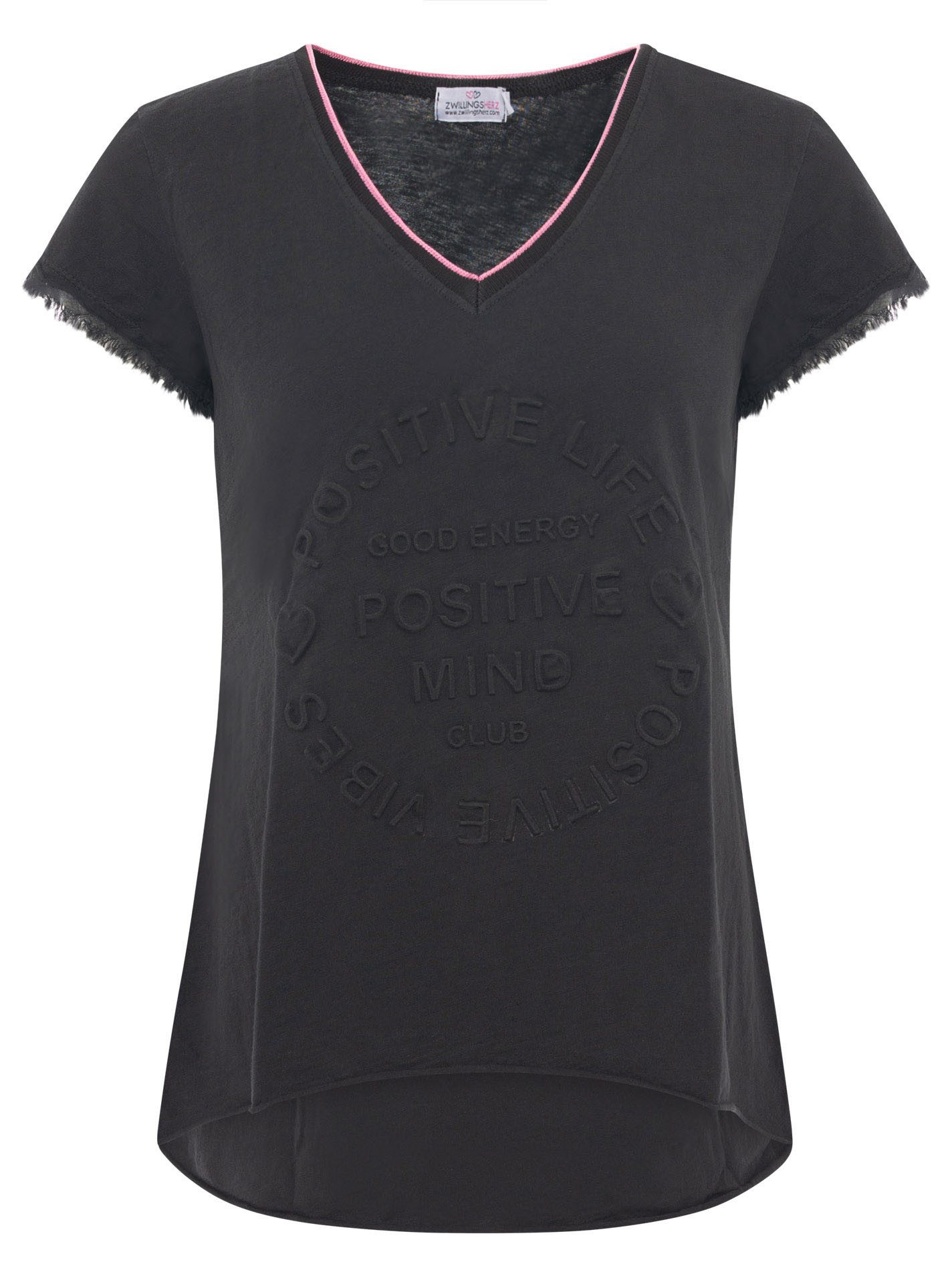 Zwillingsherz Kurzarmshirt "Positive Mind Neonkante" ausgefranste Kanten, V günstig online kaufen