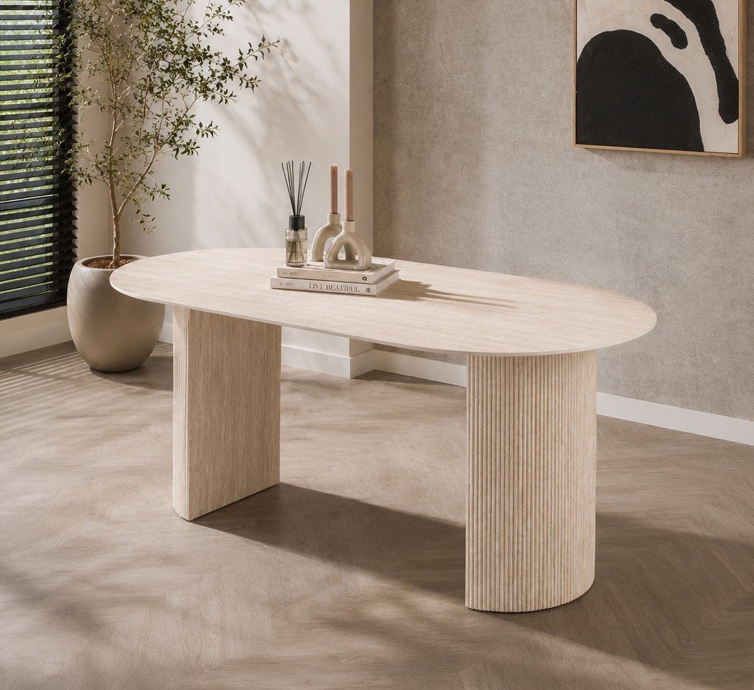 LEVEN Lifestyle Esstisch Esszimmertisch FLORENZO Eleganz in Travertin-Optik 180 cm oval, hochwertige Keramik-Tischplatte im Travertin Look