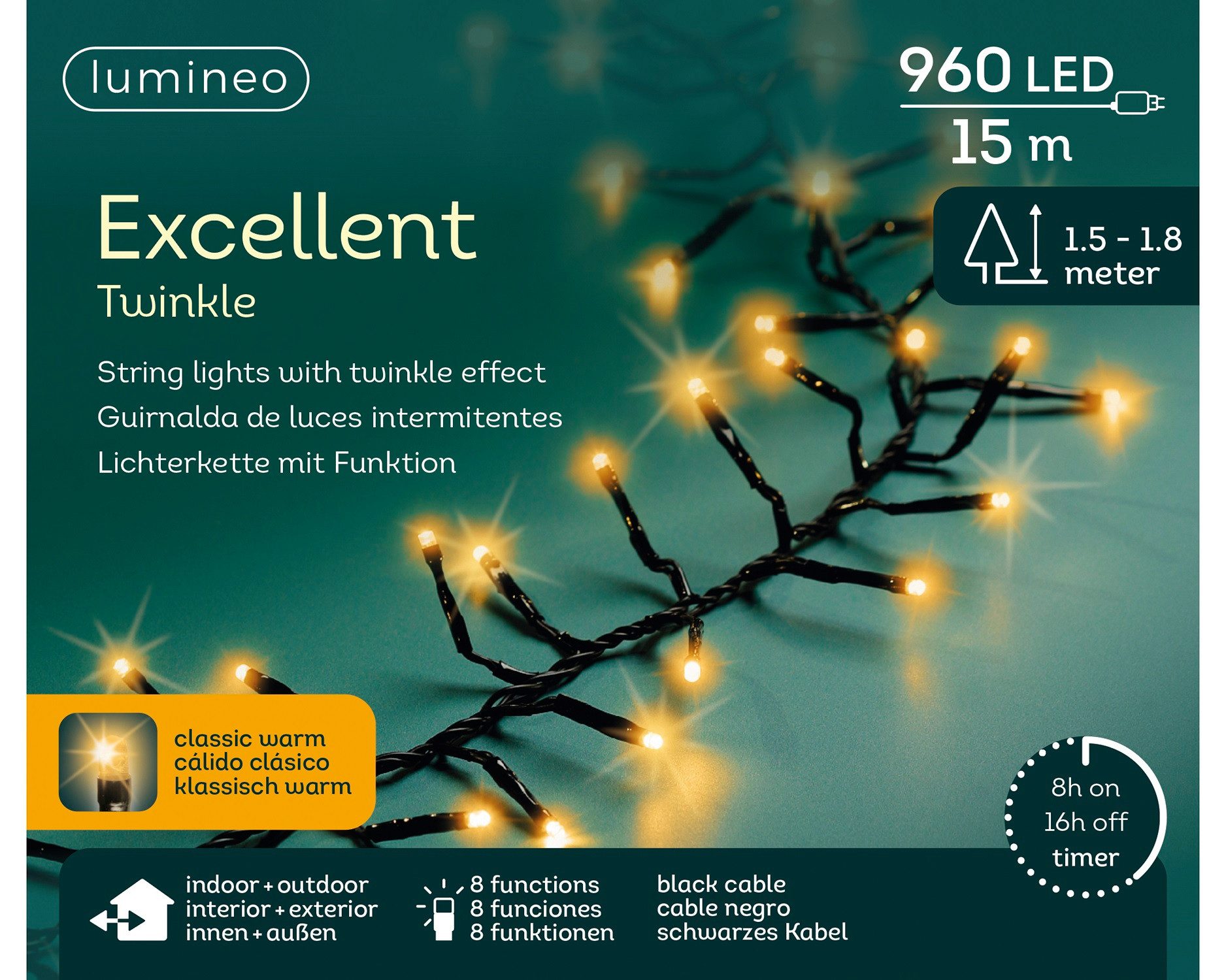 Lumineo LED-Lichterkette Lumineo Lichterkette EXCELLENT TWINKLE 960 LED 15 m klassisch warm, Indoor/Outdoor, 8 Effekte, 8h-Timer, + 5 Meter Zuleitung