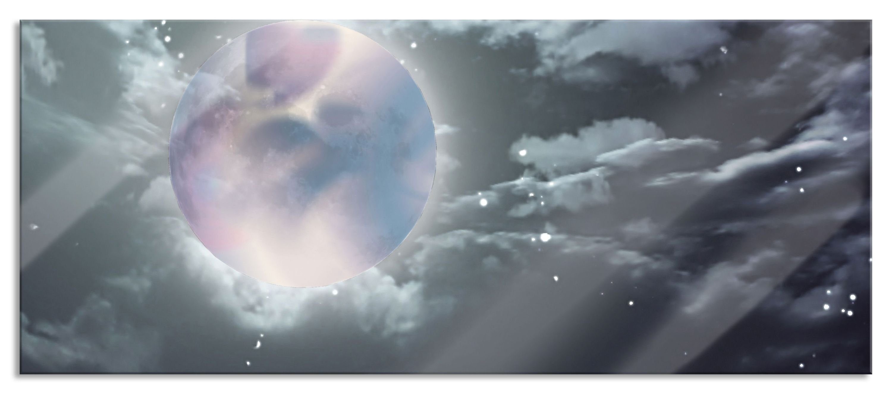 Pixxprint Glasbild Vollmond Sterne Wolken, Vollmond Sterne Wolken (1 St), Glasbild aus Echtglas, inkl. Aufhängungen und Abstandshalter