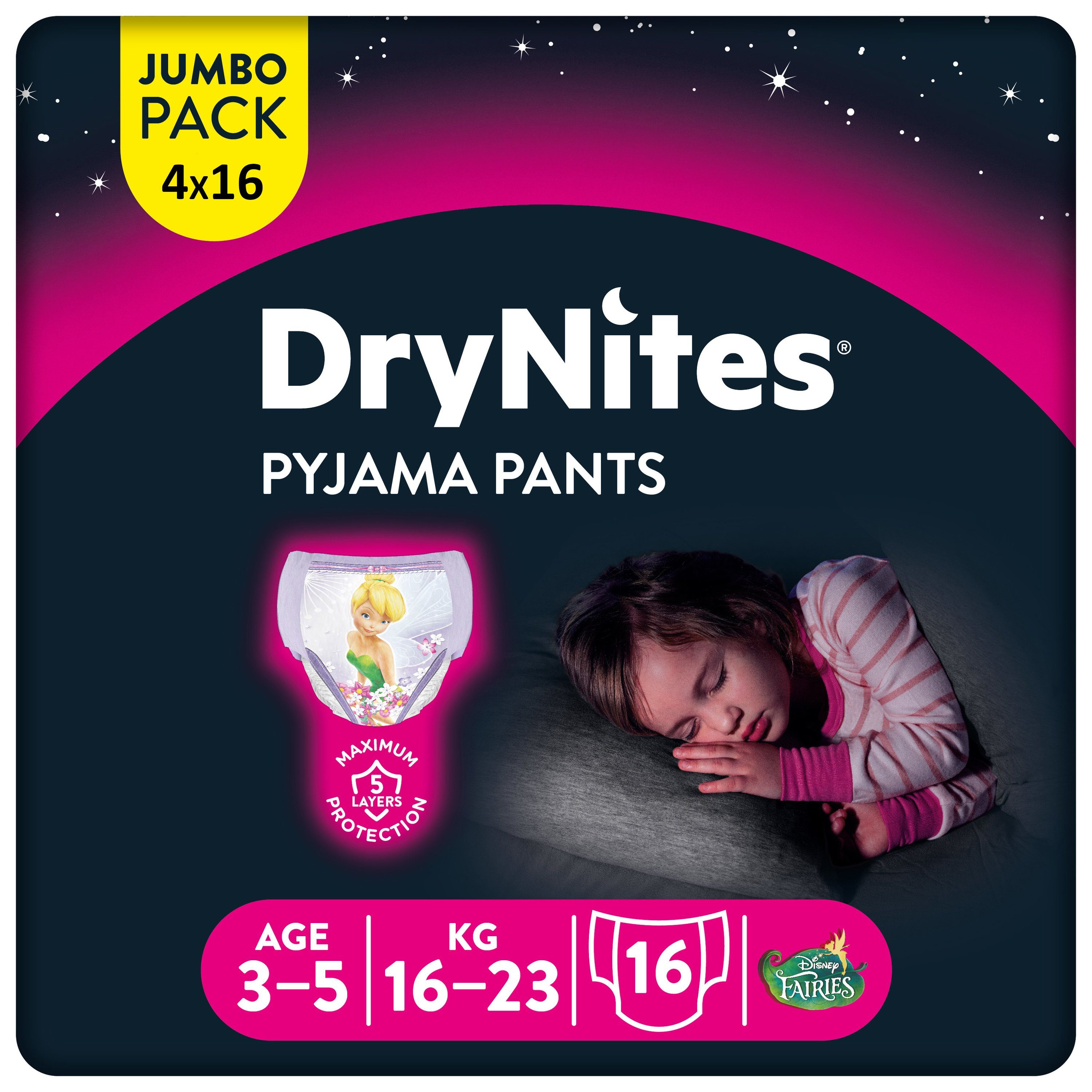 HUGGIES Windeln DryNites Nacht-Windeln Mädchen 3-5 Jahre (16-23kg), 64 Stk Inkontinenz