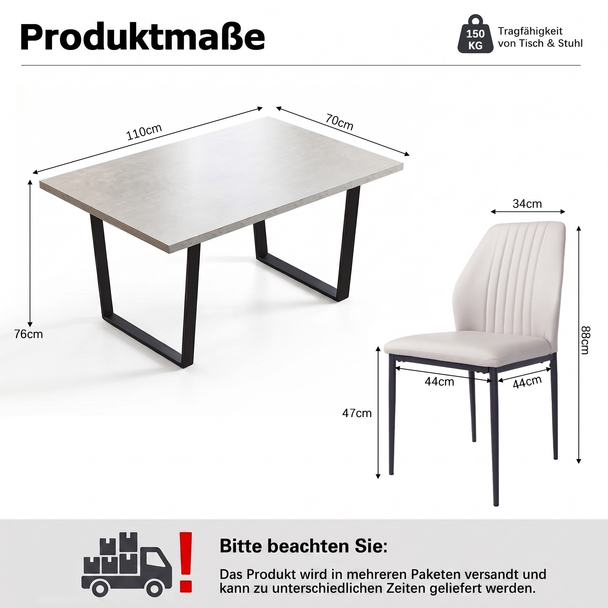 Jiexi Essgruppe Esstisch Set 110x70 MDF Grau Feste Essgruppe mit PU-Leder Stühlen