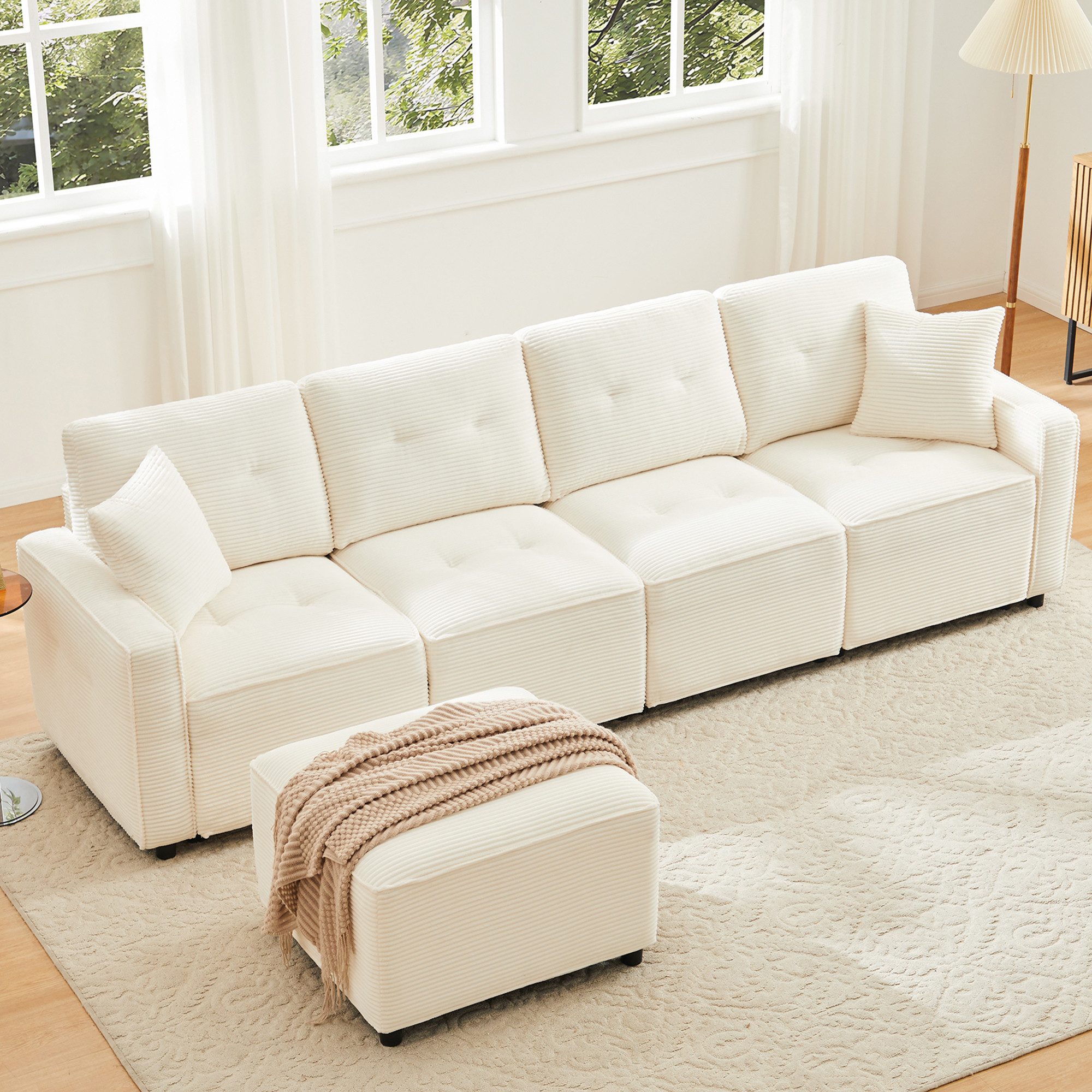 Flieks 4-Sitzer Sofa mit hydraulisches Stauraum und 1 Hocker, L280xT83xH85 cm, L-förmiges Sofa Ecksofa Polstersofa inkl. Kissen, Cordstoff Beige