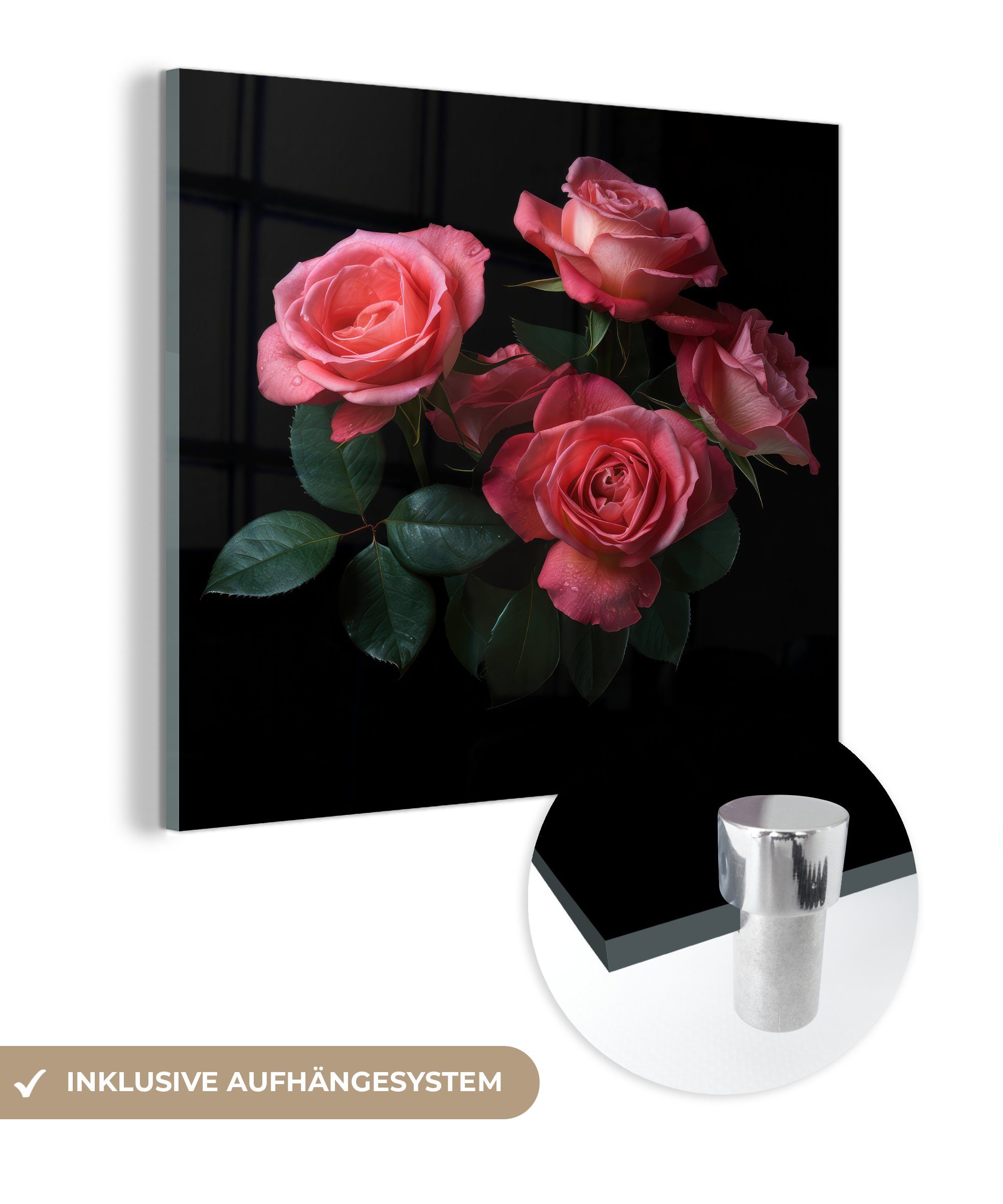 MuchoWow Acrylglasbild Rosen - Rosa - Blumen - Natur - Schwarz, (1 St), Glasbilder - Bilder auf Glas Wandbild - Foto auf Glas - Wanddekoration