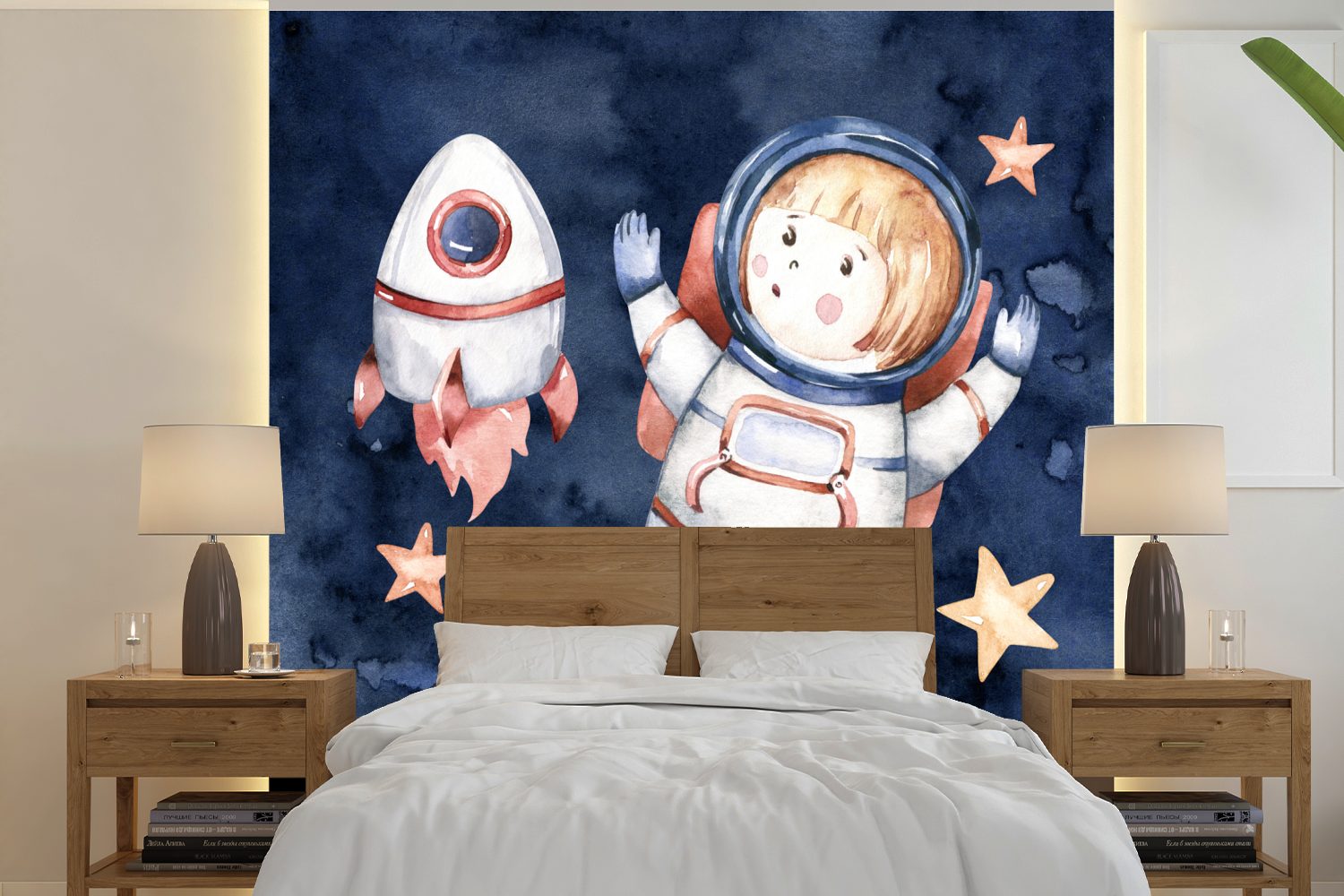 MuchoWow Fototapete Weltraum - Rakete - Mond - Jungen - Mädchen - Kinder, Matt, bedruckt, (5 St), Vinyl Tapete für Wohnzimmer oder Schlafzimmer, Wandtapete