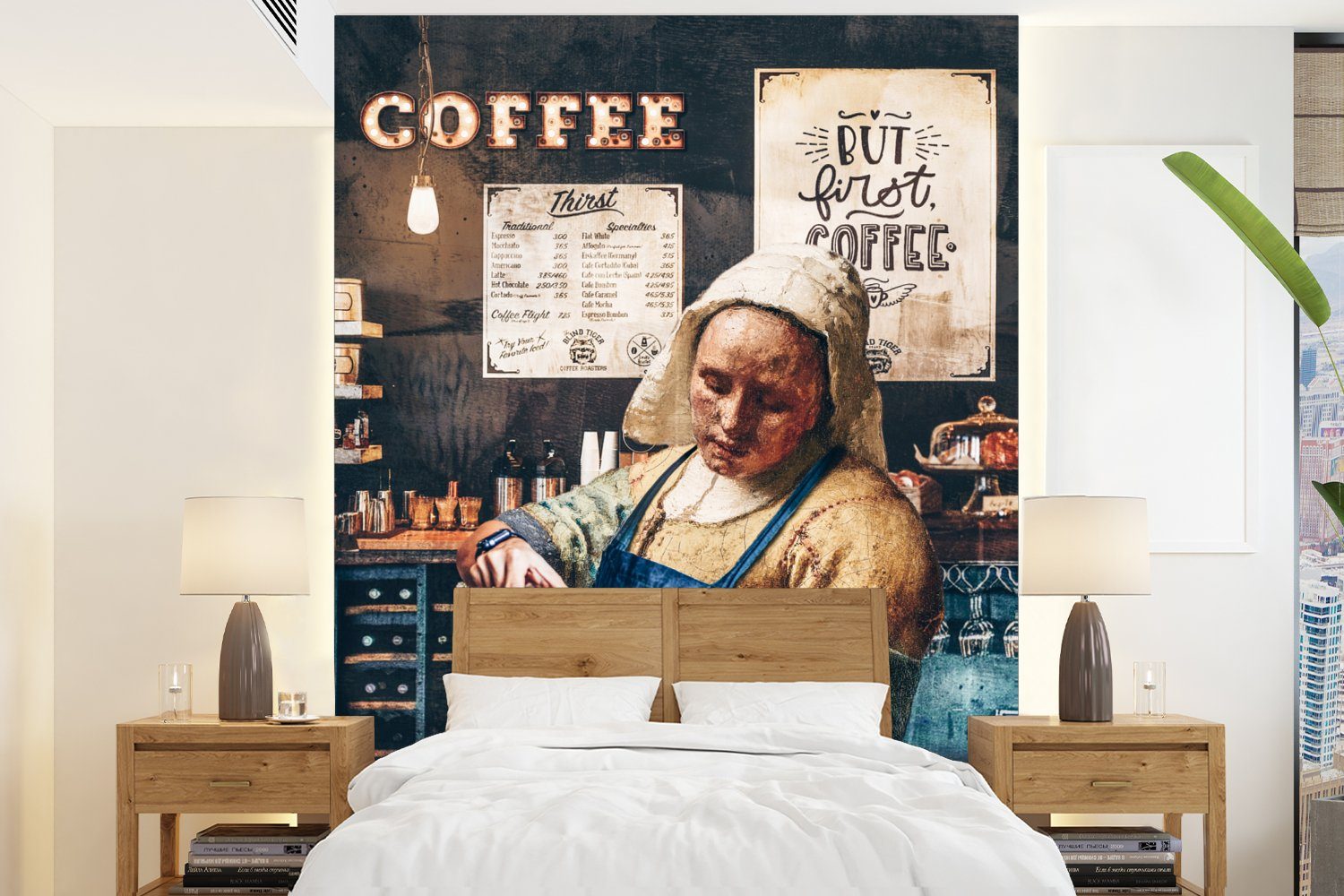 MuchoWow Fototapete Cappuccino - Vermeer - Milchmädchen - Barista - Kaffee - Vintage, Matt, bedruckt, (4 St), Montagefertig Vinyl Tapete für Wohnzimmer, Wandtapete