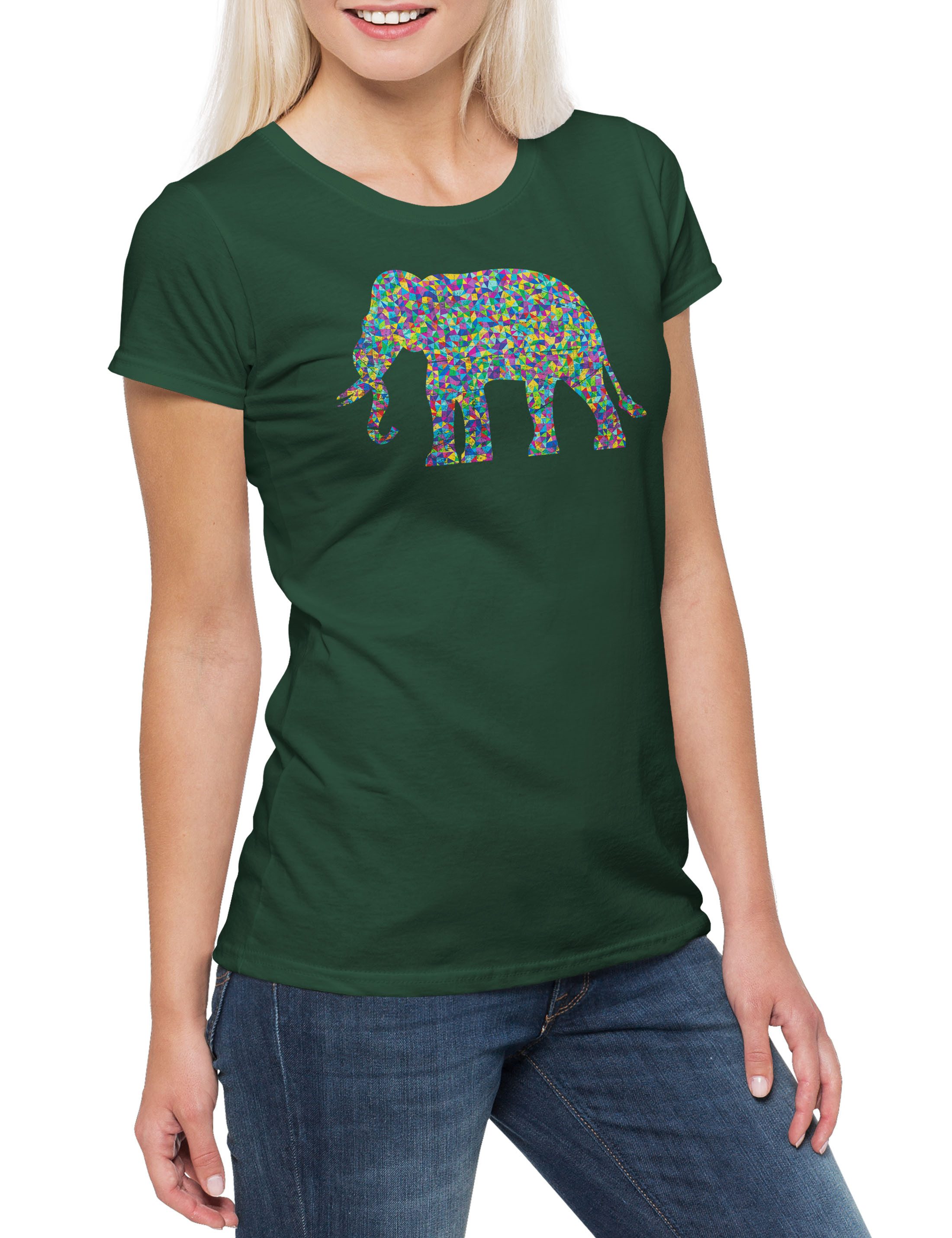 Print-Shirt Colored Elephant Damen T-Shirt Toon Cartoon Comic Look Farben Party