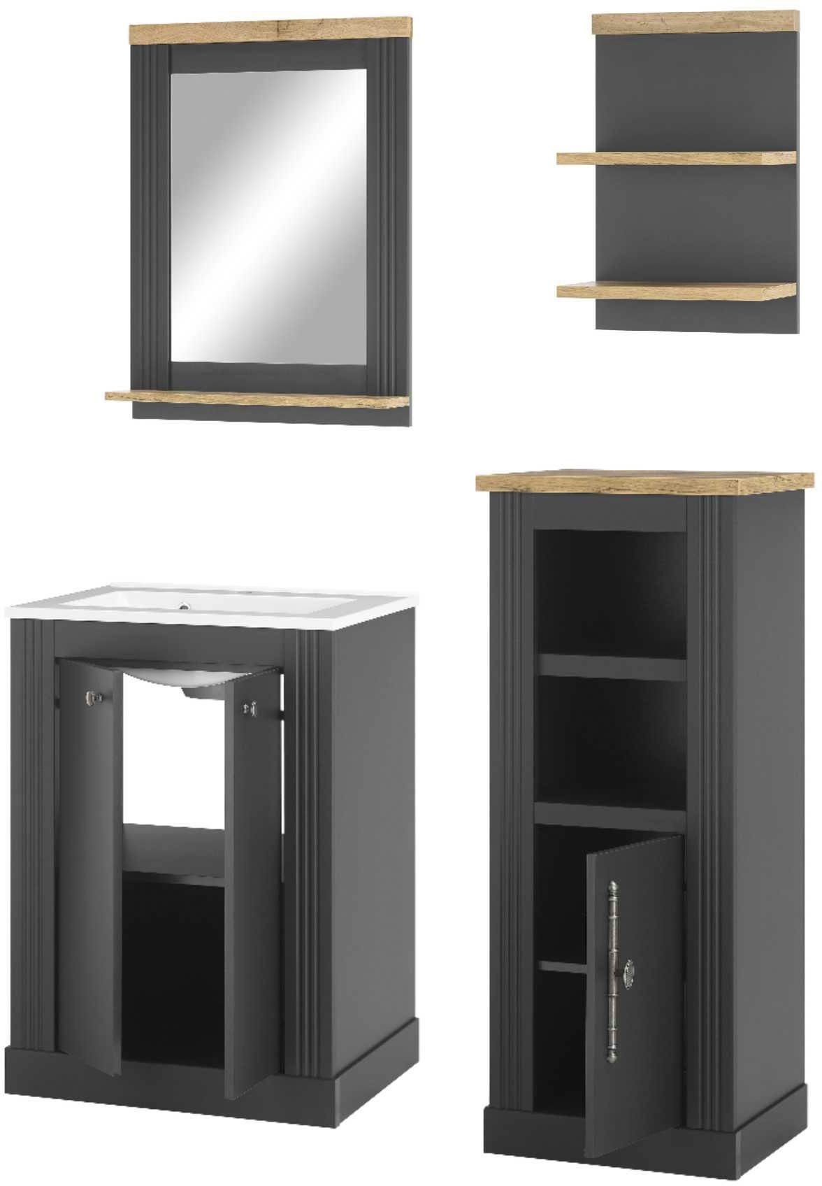OTTO home Badmöbel-Set WESTMINSTER, Bad im Landhausstil, 4-teiliges Badezimmer, (4-St), Waschtisch, Spiegel, Midischrank, Regal, in 2 Farben, Breite 130 cm