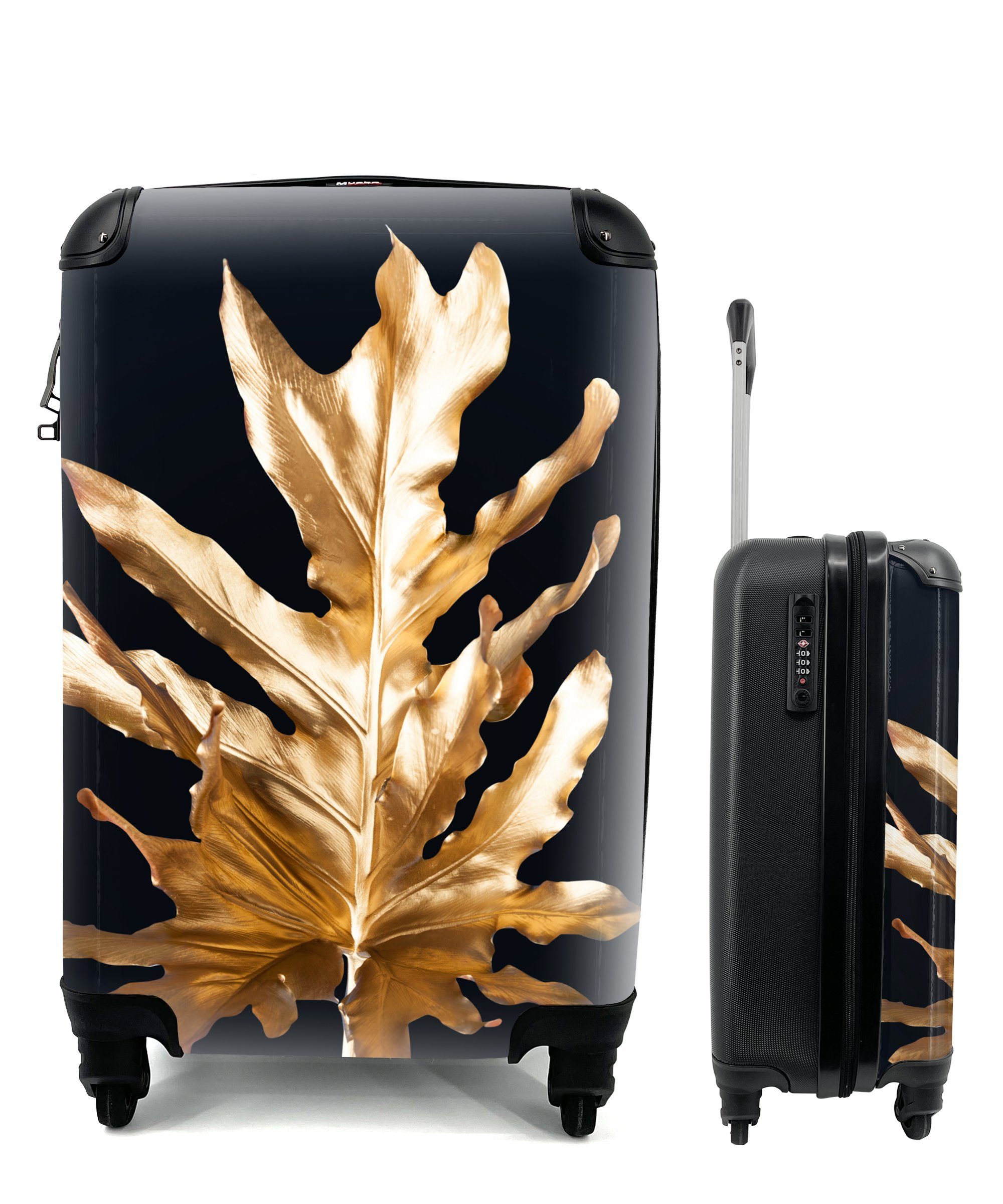 MuchoWow Handgepäckkoffer Blätter - Gold - Herbst - Natur - Luxus, 4 Rollen, Reisetasche mit rollen, Handgepäck für Ferien, Trolley, Reisekoffer