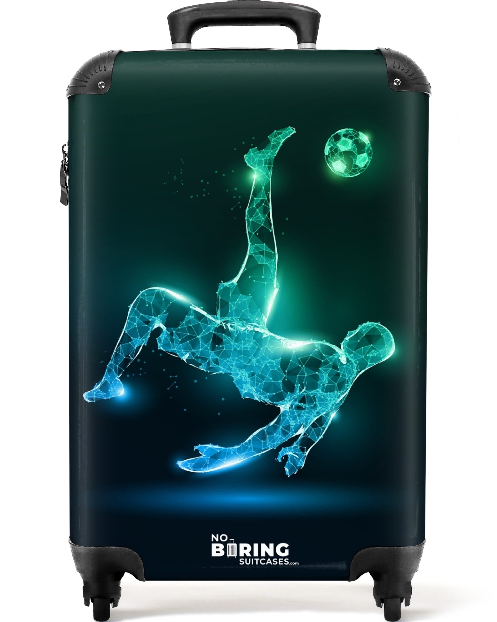 NoBoringSuitcases.com© Kinderkoffer Silhouette eines Fußballspielers in Grün und Blau 55x35x20cm, 4 Rollen, Handgepäck Koffer, Hartschalenkoffer Kinder, Reisekoffer Jungen