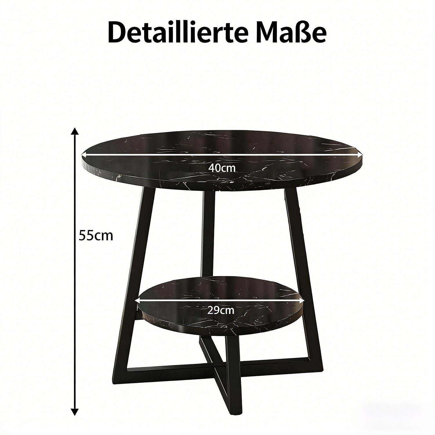 Refined Living Beistelltisch Couchtisch rund Sofatisch runde Beistelltische aus Holz & Metall (2 Ebenen Sofa Table Side Table Kaffee Couch Nachttisch Rund Schwarz, Kompakt Kollisionsschutz Moderne Kaffeetische Balkontisch Gartentisch), Mini-Tisch für Balkon, Büro, Wohnzimmer, Schlafzimmer und Eckzimmer